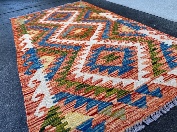3x4 (91x121) Handmade Afghan Kilim Rug | Orange Royal Denim Blue Cream White Forest Sage Green Yellow Teal | Wool Flatweave Reversible