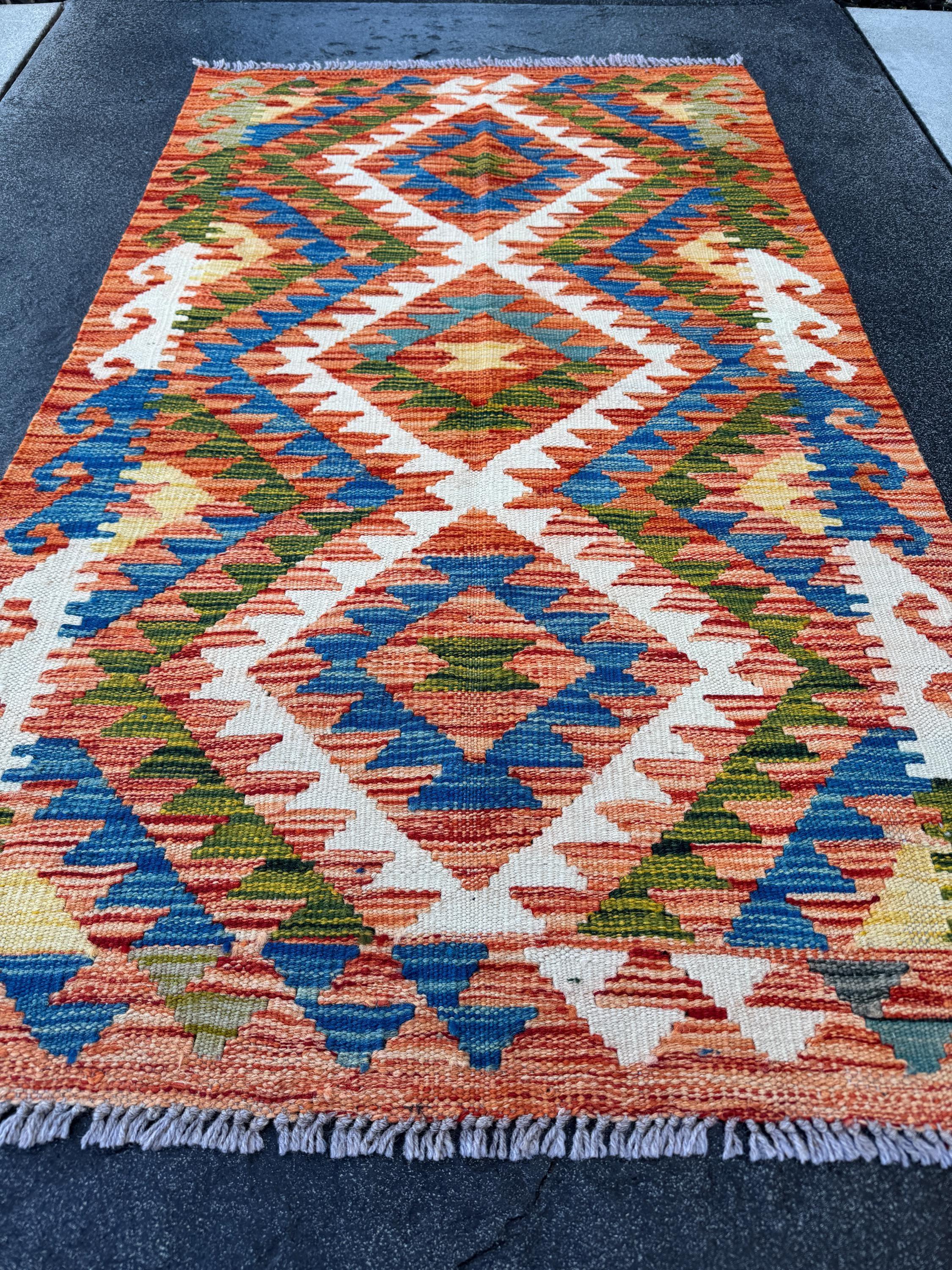 3x4 (91x121) Handmade Afghan Kilim Rug | Orange Royal Denim Blue Cream White Forest Sage Green Yellow Teal | Wool Flatweave Reversible