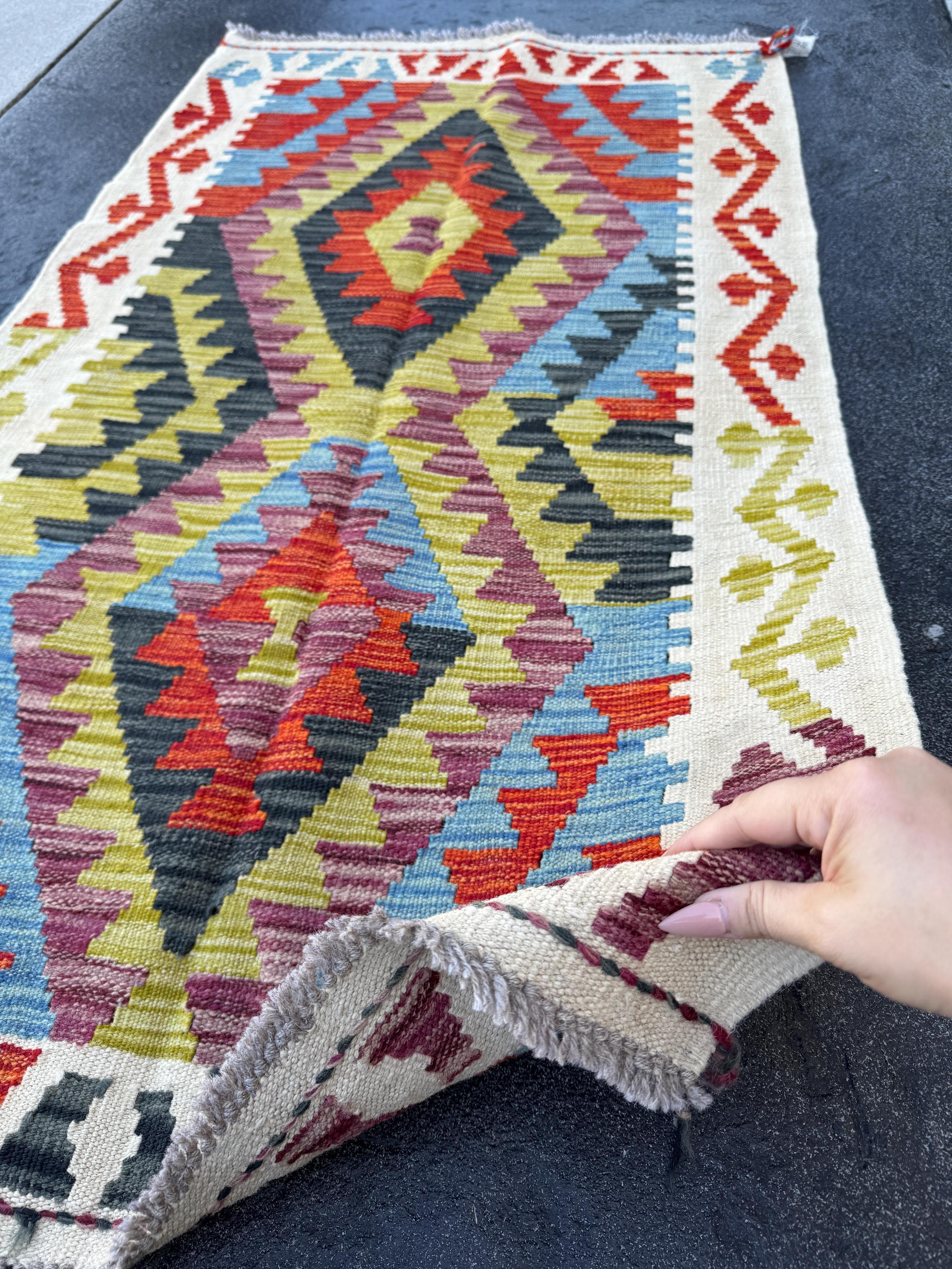 3x5 (91x152) Handmade Afghan Kilim Rug | Cream Olive Moss Green Grey Black Orange Denim Blue Maroon Wine Red | Wool Flatweave Reversible