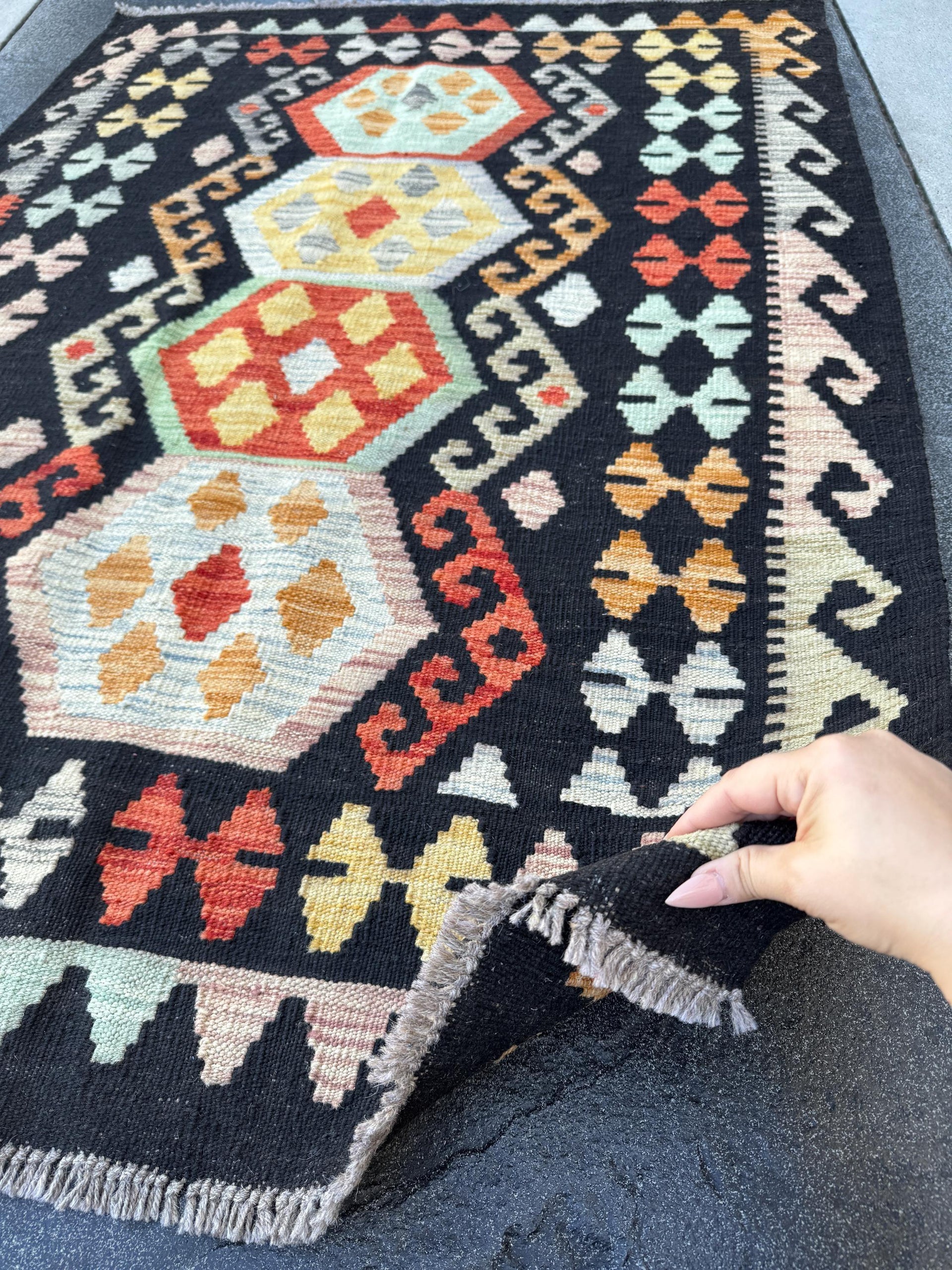 3x5 Handmade Afghan Kilim Rug | Black Crimson Red Powder Baby Blue Orange Mustard Gold Yellow Peach Saffron Sage Green | Wool Flatweave