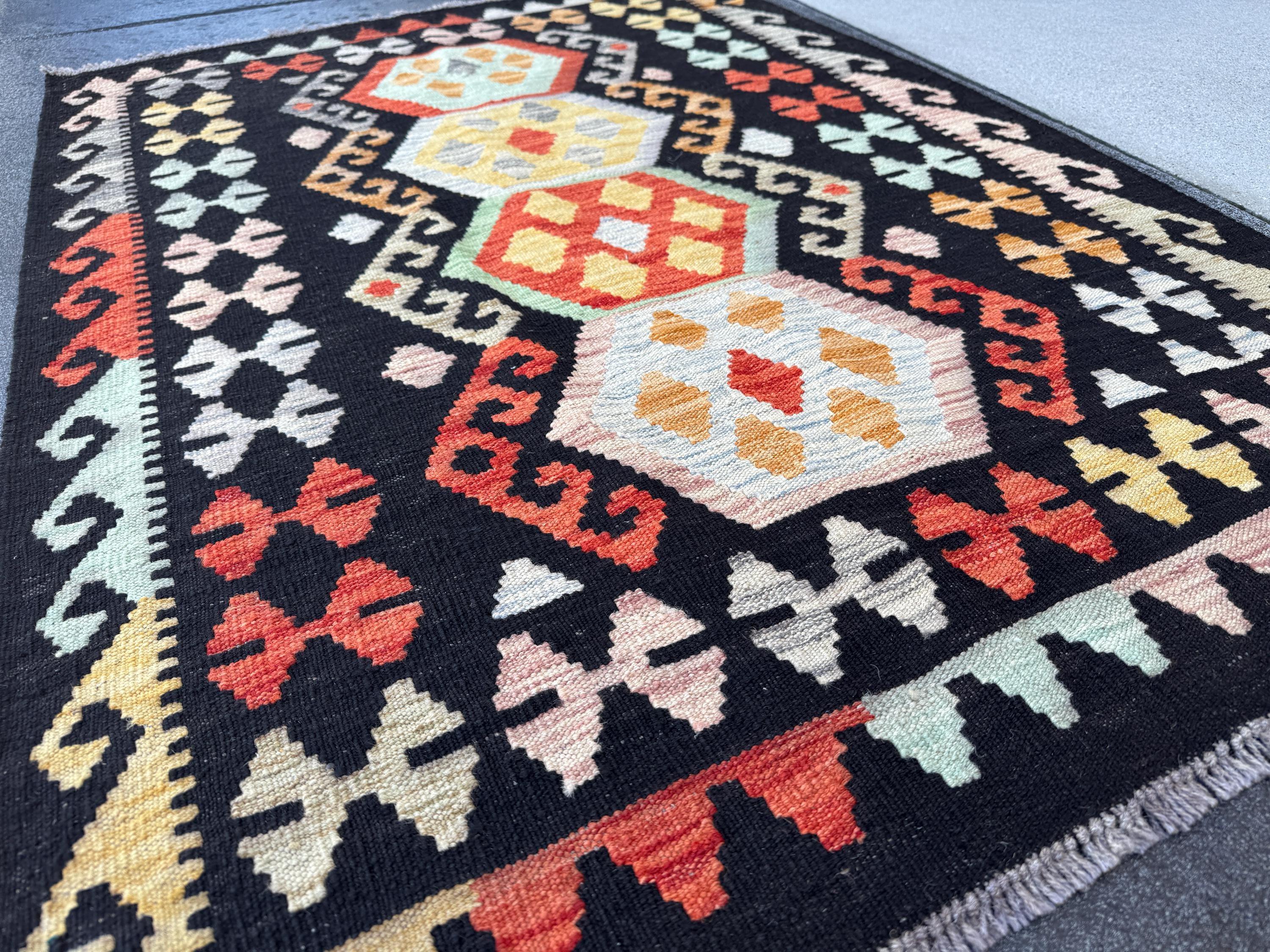 3x5 Handmade Afghan Kilim Rug | Black Crimson Red Powder Baby Blue Orange Mustard Gold Yellow Peach Saffron Sage Green | Wool Flatweave