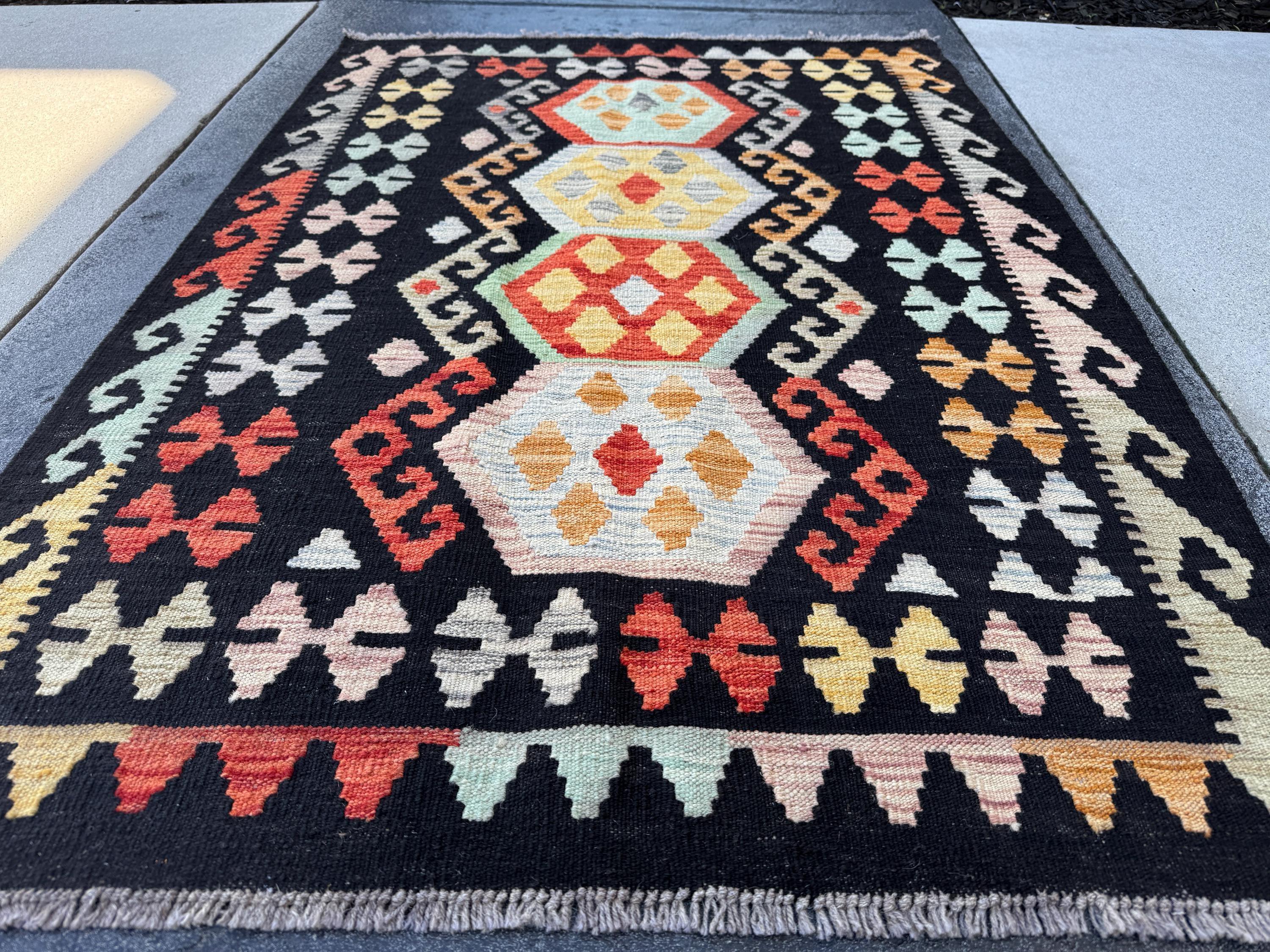 3x5 Handmade Afghan Kilim Rug | Black Crimson Red Powder Baby Blue Orange Mustard Gold Yellow Peach Saffron Sage Green | Wool Flatweave