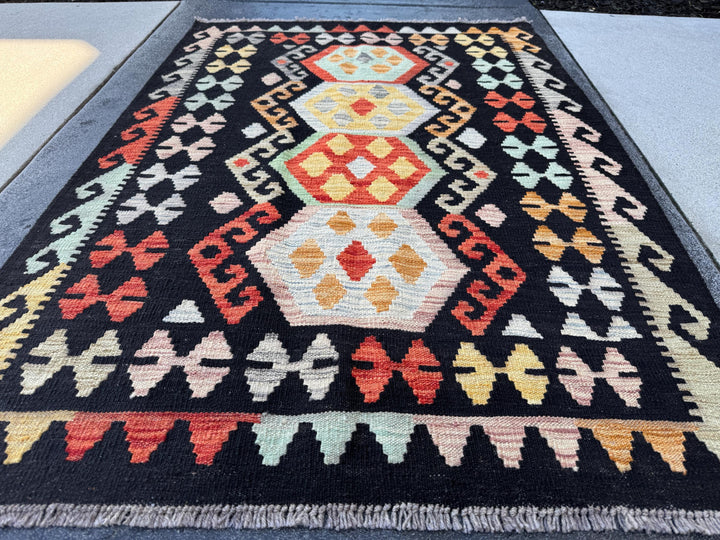 3x5 Handmade Afghan Kilim Rug | Black Crimson Red Powder Baby Blue Orange Mustard Gold Yellow Peach Saffron Sage Green | Wool Flatweave