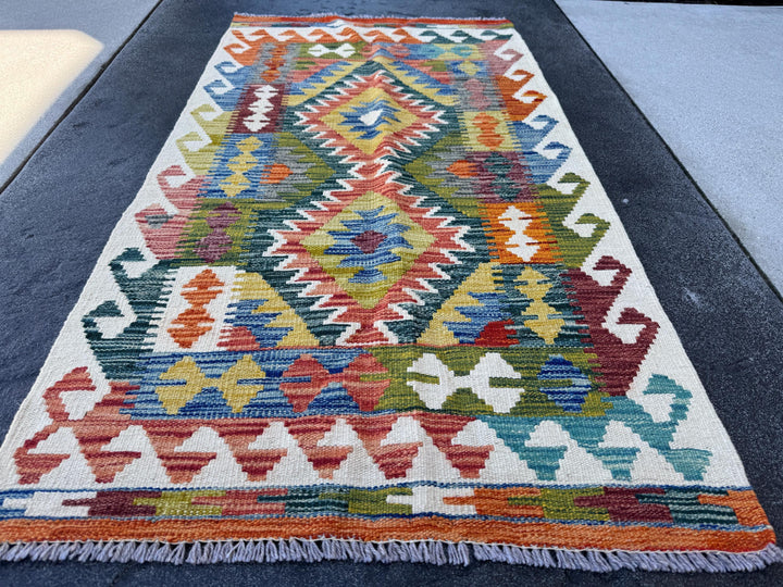 3x5 (91x152) Handmade Afghan Kilim Rug | Cream Forest Pine Moss Green Teal Aqua Denim Blue Orange Mustard Brick Auburn Maroon Red | Wool