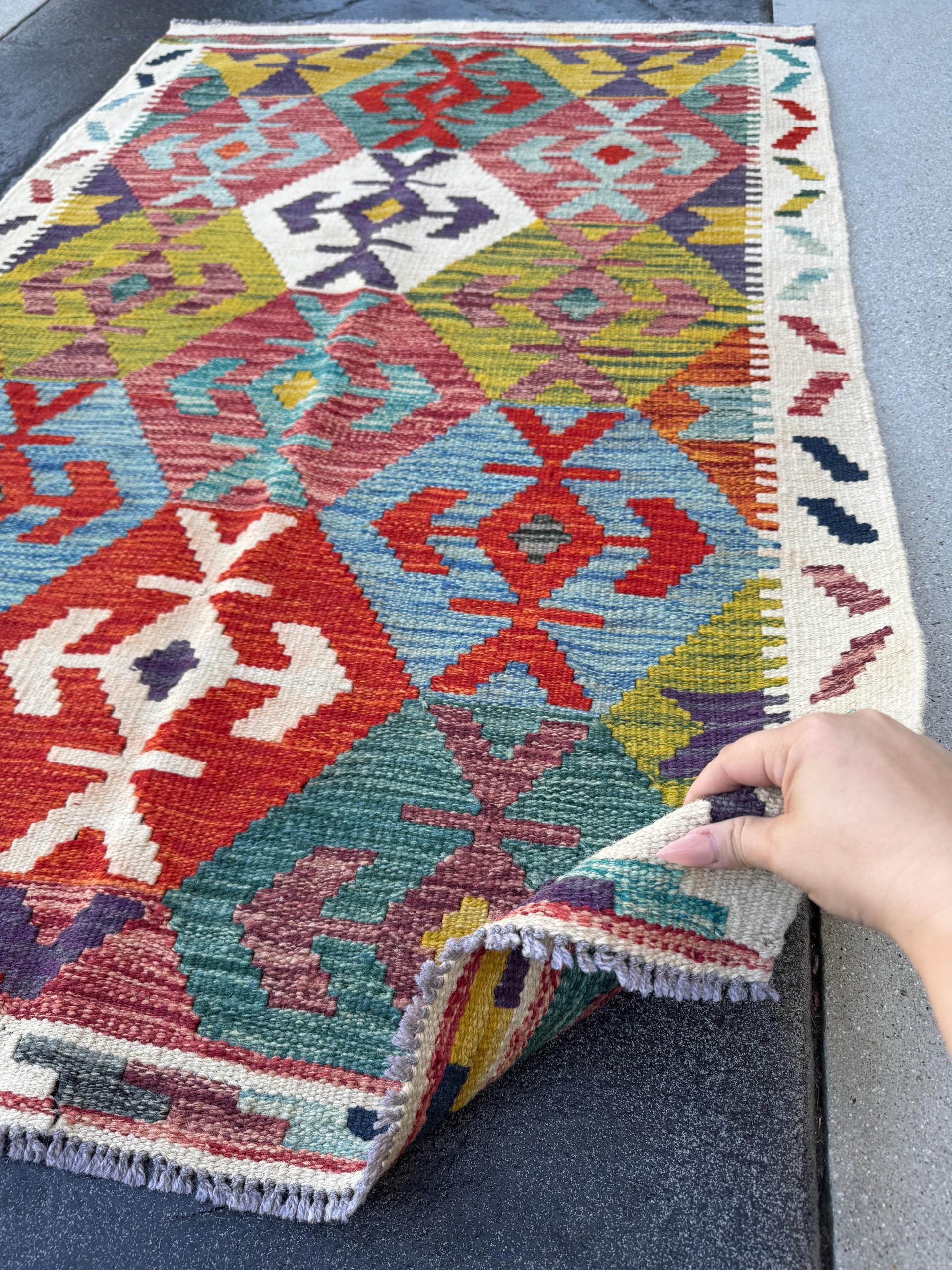 3x5 Handmade Afghan Kilim Rug | Cream Teal Denim Blue Eggplant Purple Moss Chartreuse Green Maroon Burgundy Crimson Brick Red Gold | Wool