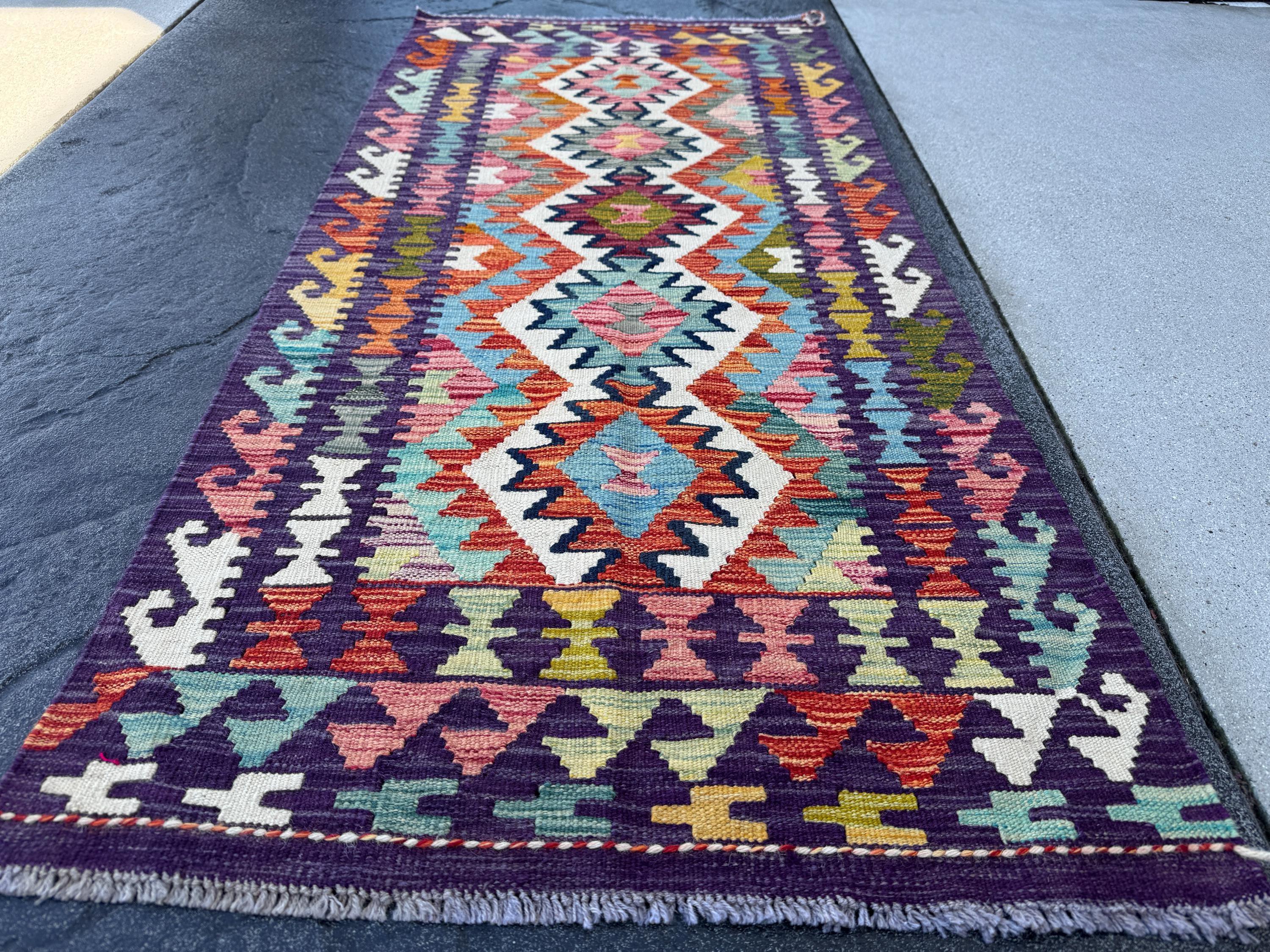 2-3x5 Handmade Afghan Kilim Rug | Purple Cream White Orange Crimson Brick Red Mustard Yellow Mint Forest Green Grey Aqua Baby Teal Denim