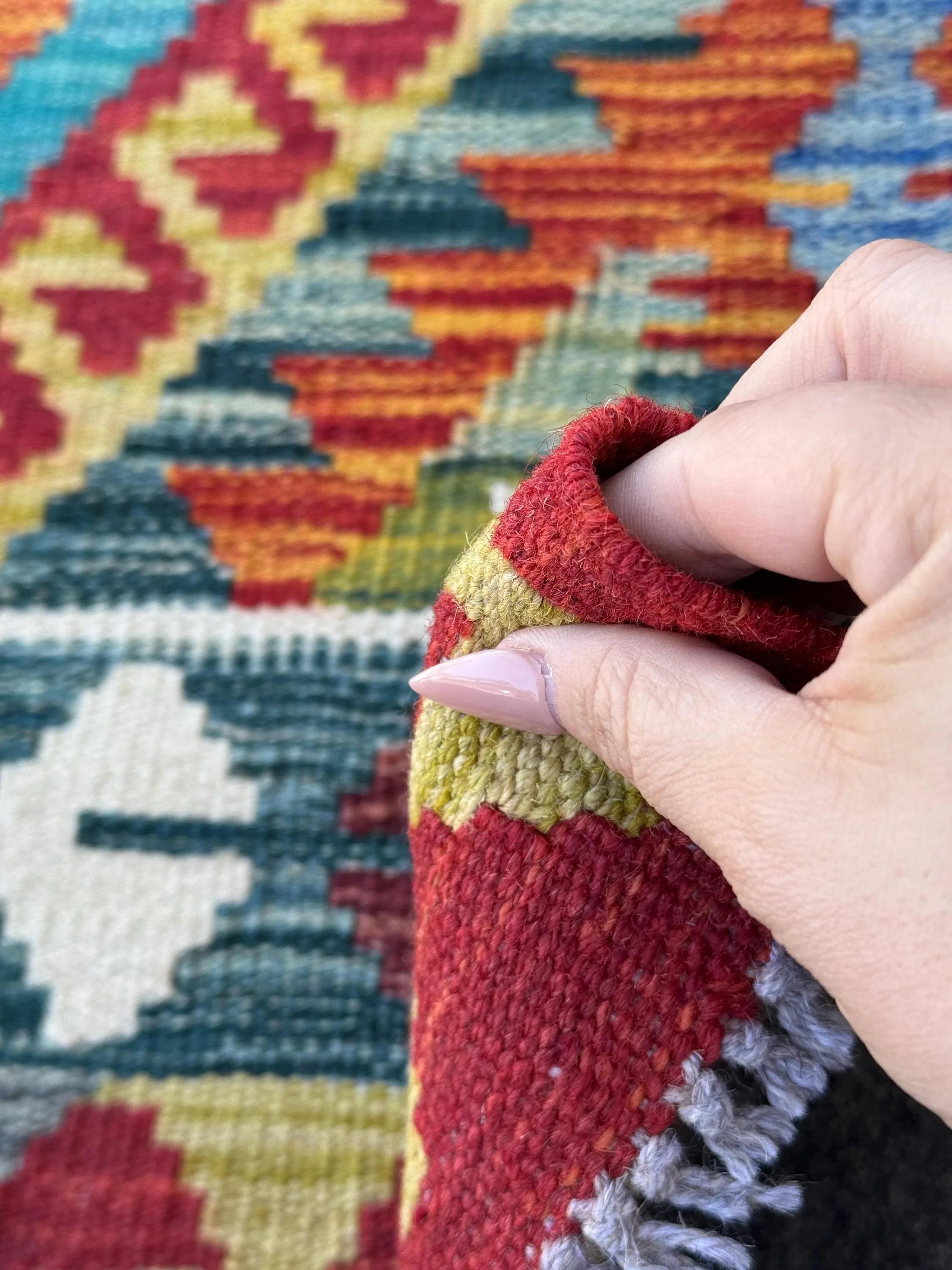 3x5 Handmade Afghan Kilim Rug | Scarlet Blood Brick Red Burgundy Grey Teal Aqua Turquoise Denim Blue Olive Moss Green Gold Orange White Wool