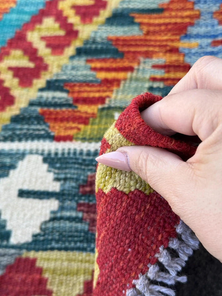 3x5 Handmade Afghan Kilim Rug | Scarlet Blood Brick Red Burgundy Grey Teal Aqua Turquoise Denim Blue Olive Moss Green Gold Orange White Wool