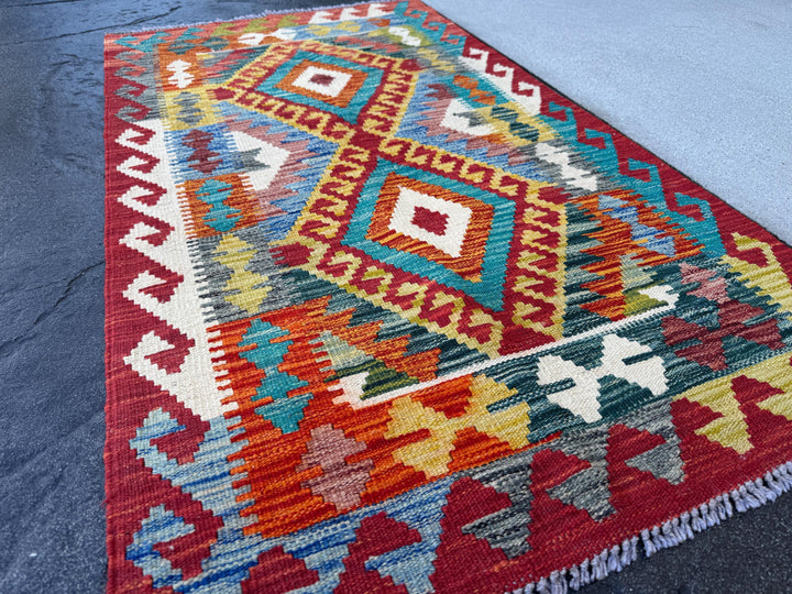 3x5 Handmade Afghan Kilim Rug | Scarlet Blood Brick Red Burgundy Grey Teal Aqua Turquoise Denim Blue Olive Moss Green Gold Orange White Wool