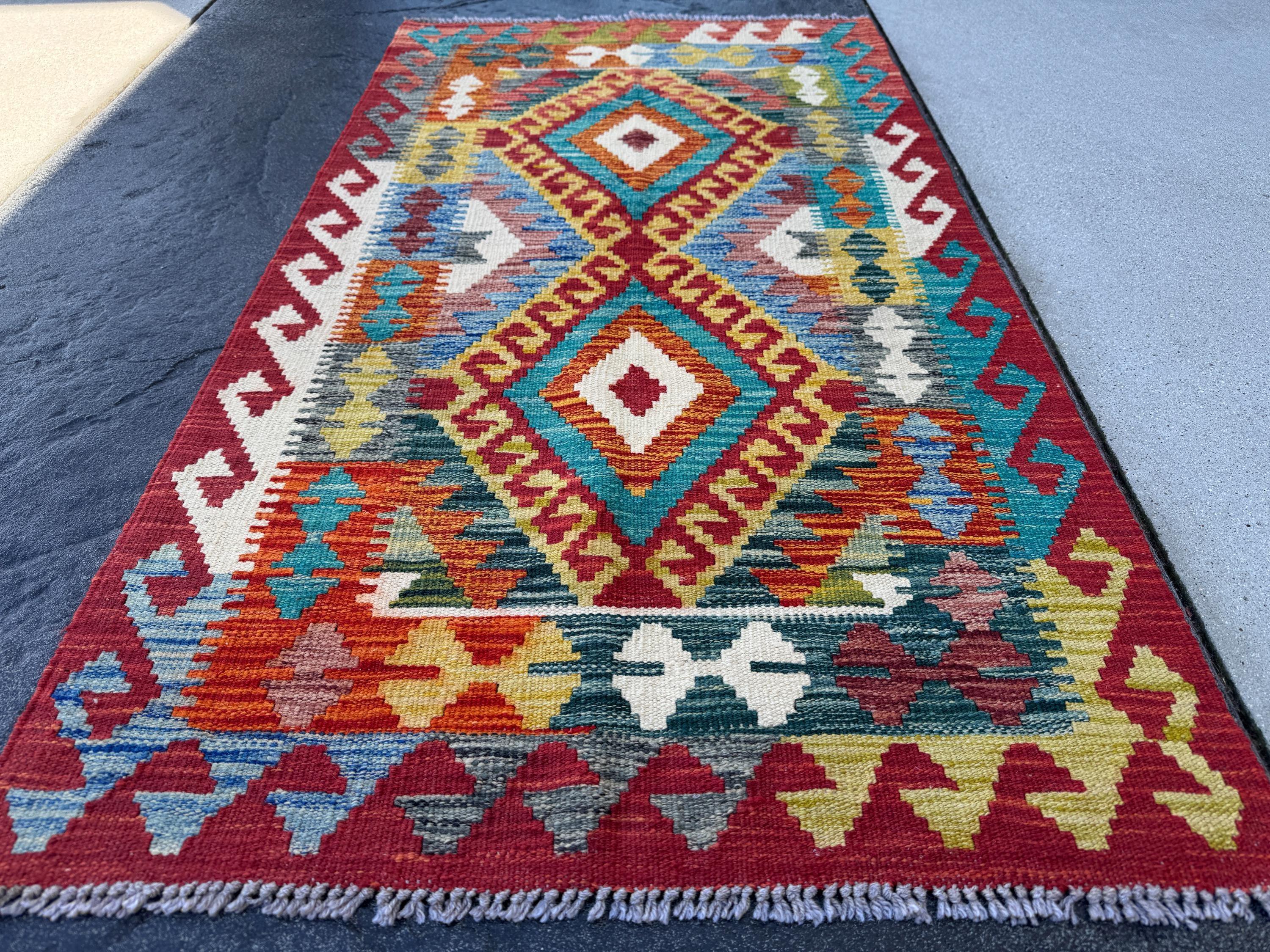 3x5 Handmade Afghan Kilim Rug | Scarlet Blood Brick Red Burgundy Grey Teal Aqua Turquoise Denim Blue Olive Moss Green Gold Orange White Wool