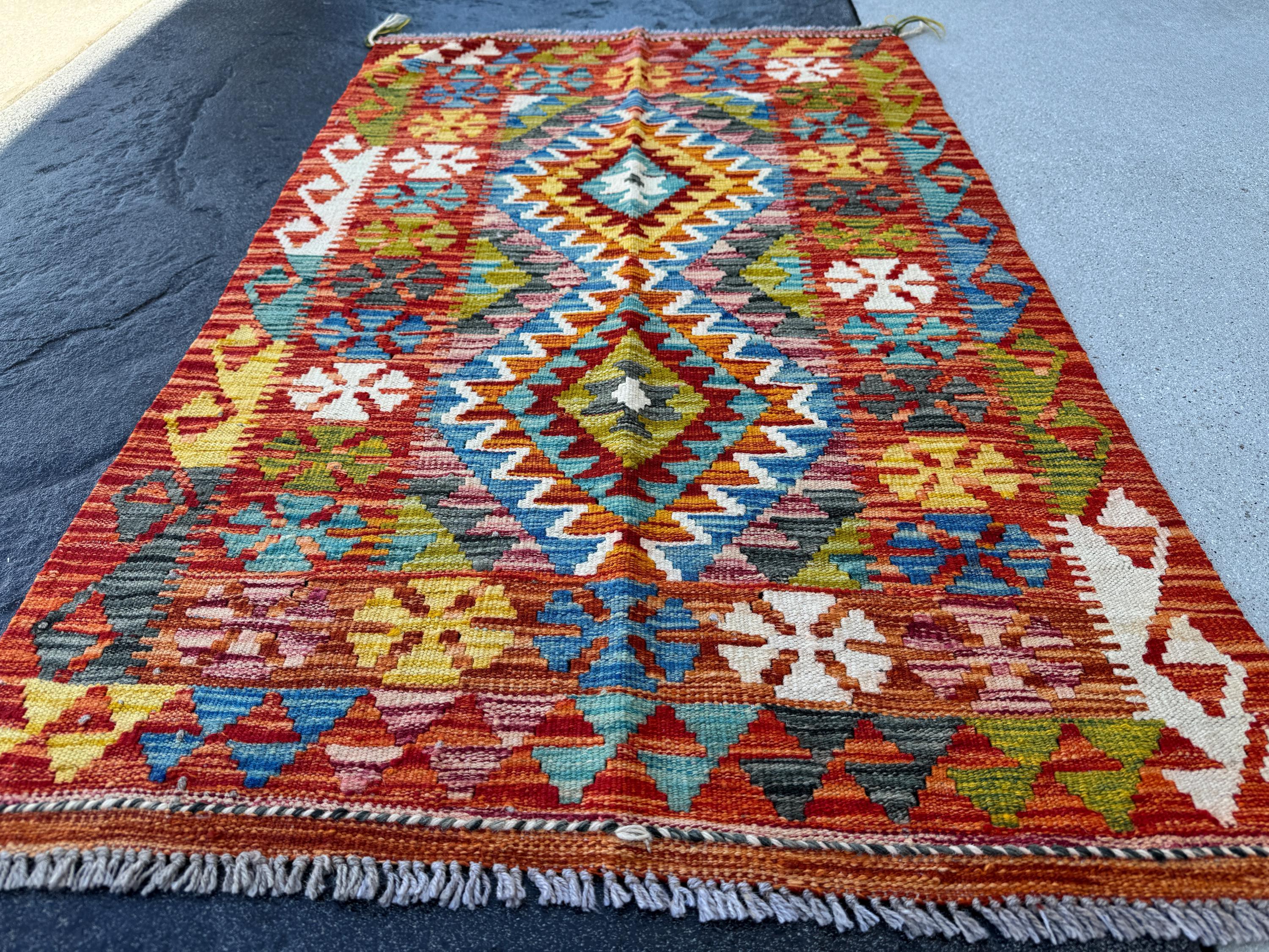 3x4 Handmade Afghan Kilim Rug | Burnt Orange Gold Mustard Yellow Cream Black Grey Denim Aqua Blue Blood Brick Red Moss Forest Green | Wool