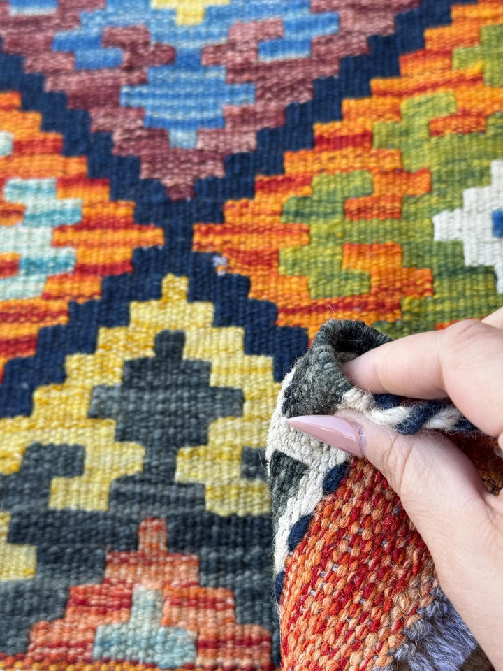 3x5 (91x152) Handmade Afghan Kilim Rug | Orange Forest Moss Green Yellow Baby Sky Denim Blue Black Maroon White Cream Aqua | Wool Flatweave