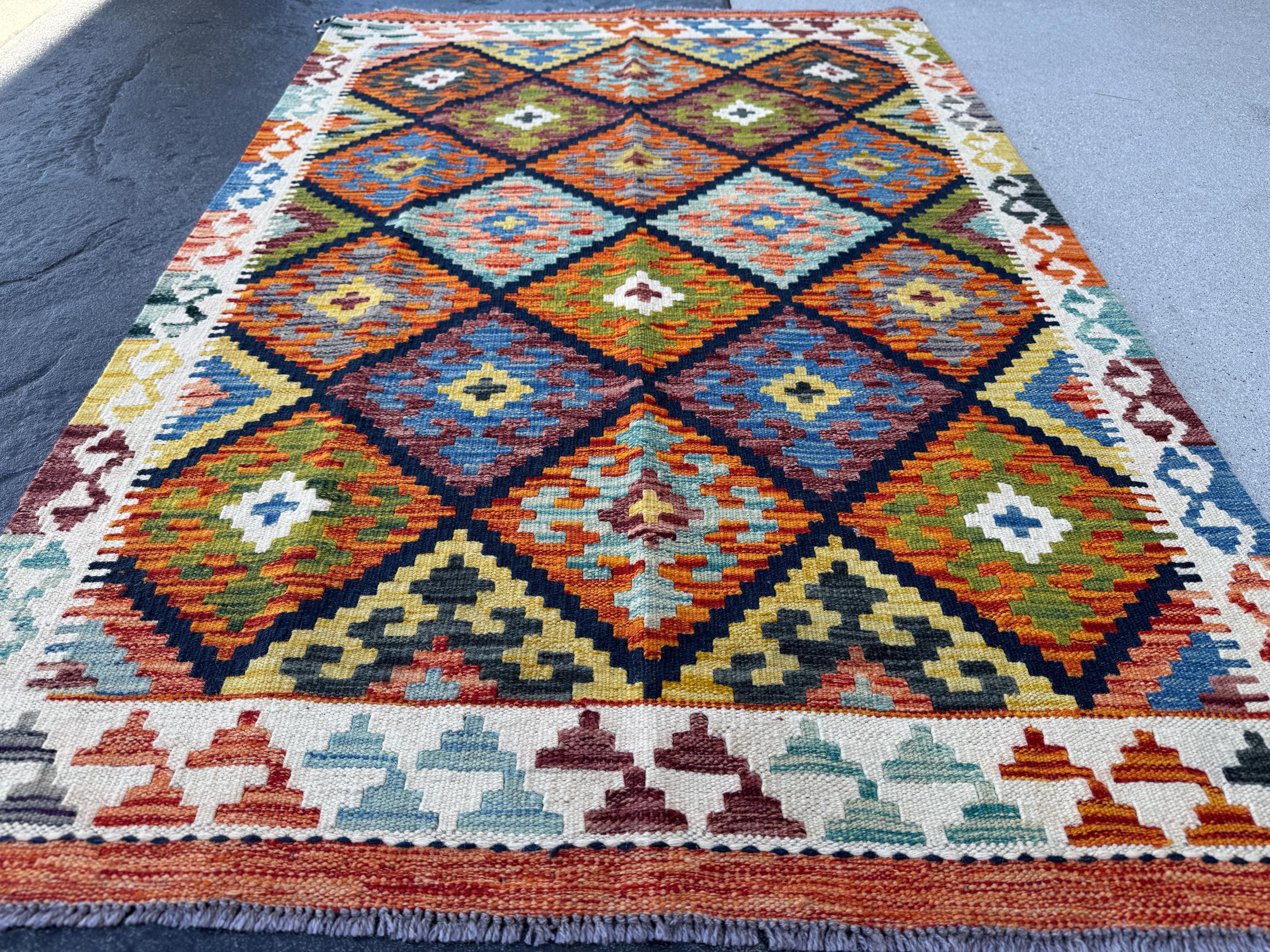 3x5 (91x152) Handmade Afghan Kilim Rug | Orange Forest Moss Green Yellow Baby Sky Denim Blue Black Maroon White Cream Aqua | Wool Flatweave