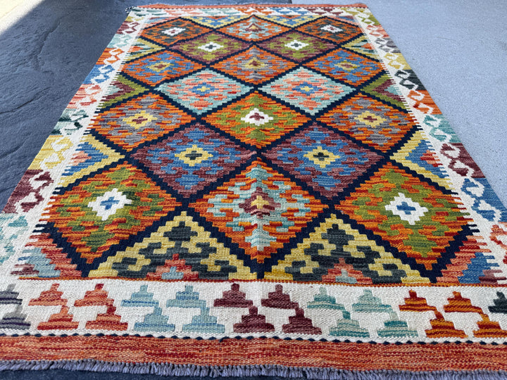 3x5 (91x152) Handmade Afghan Kilim Rug | Orange Forest Moss Green Yellow Baby Sky Denim Blue Black Maroon White Cream Aqua | Wool Flatweave