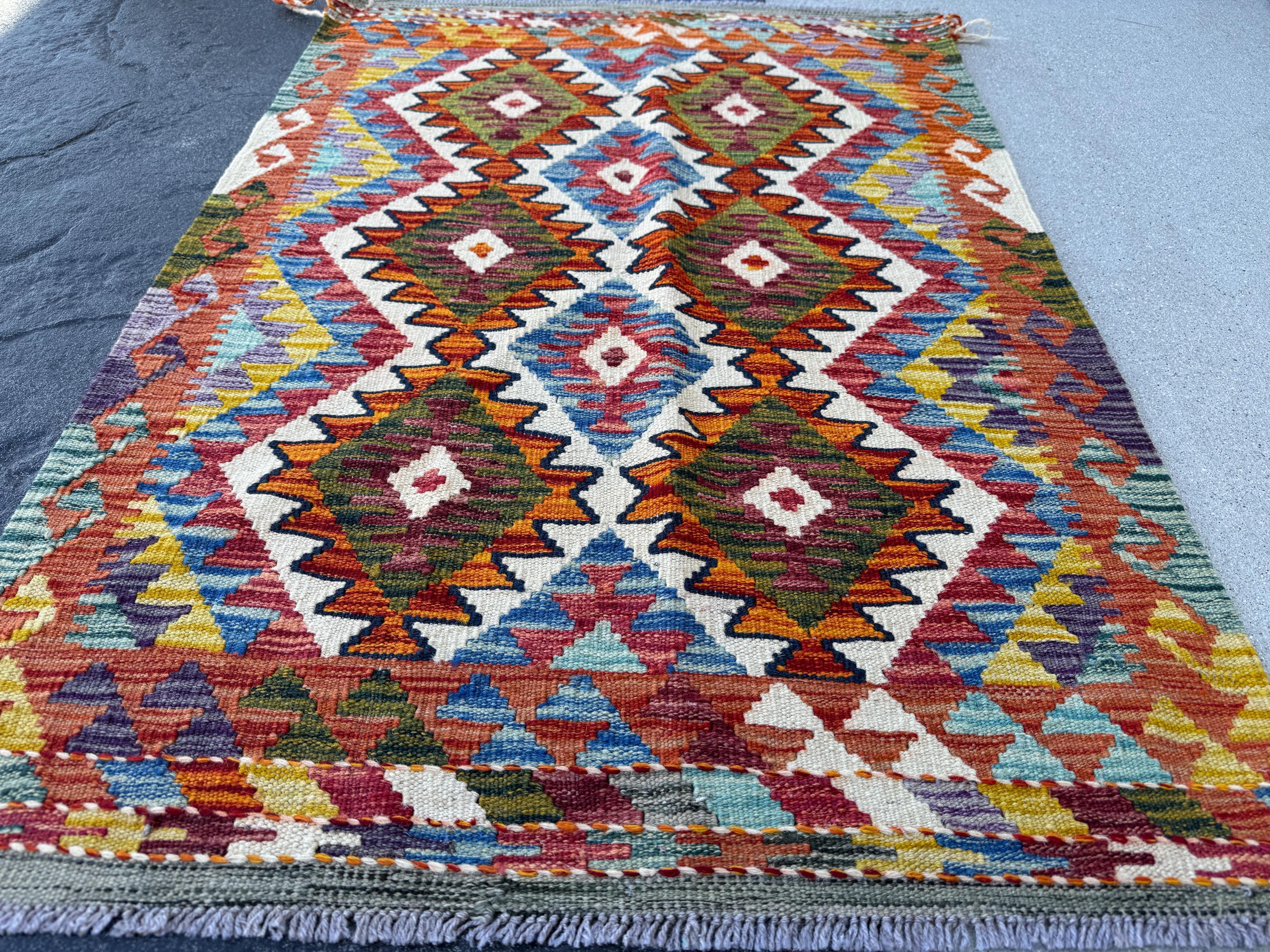 3x4 Handmade Afghan Kilim Rug | Burnt Orange Cream White Purple Denim Aqua Baby Blue Forest Moss Green Gold Yellow Crimson Wine Red Black