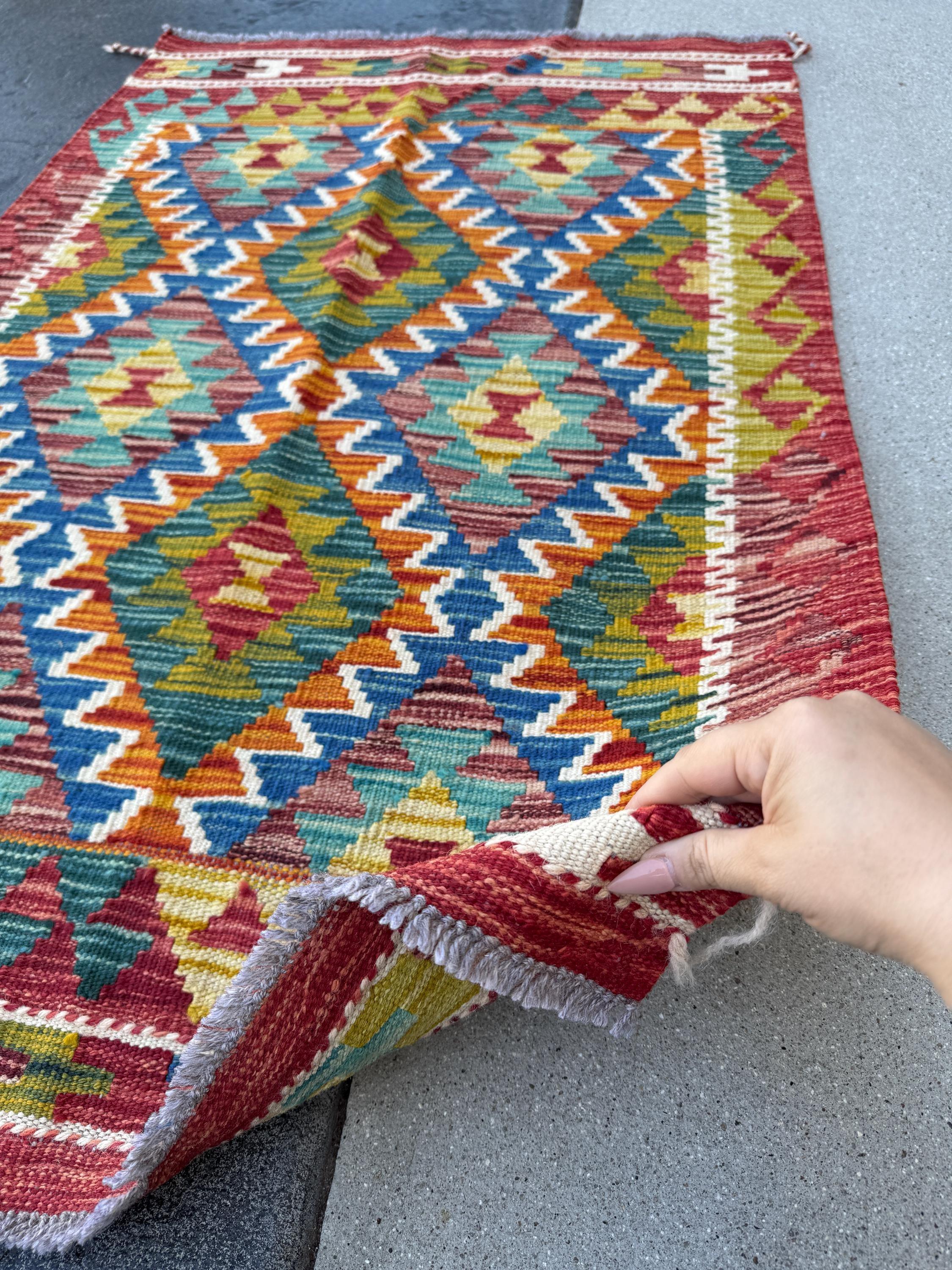 3x4 Handmade Afghan Kilim Rug | Scarlet Garnet Red Yellow Olive Moss Forest Green Maroon Teal Turquoise Aqua Denim Royal Blue Orange Cream