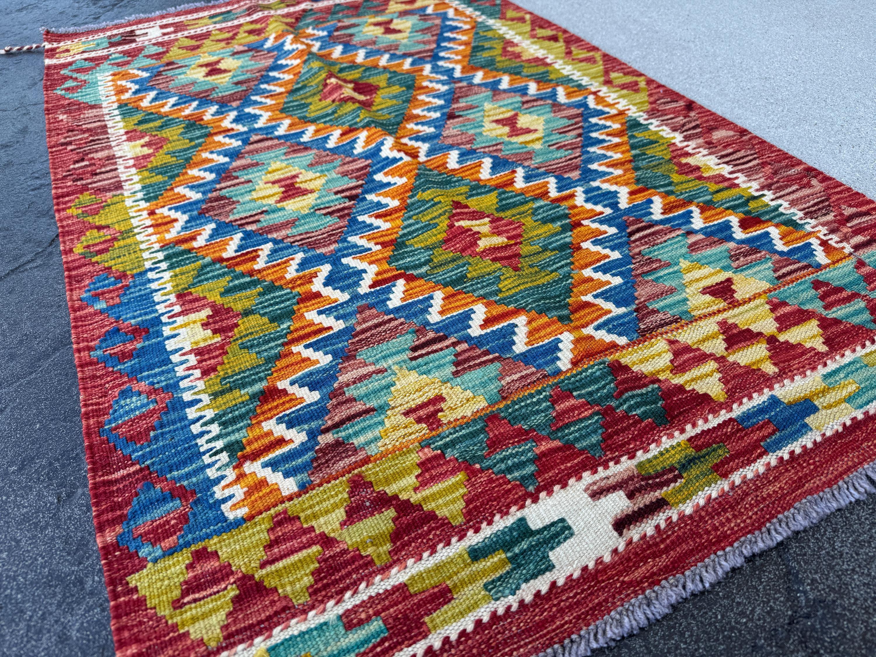 3x4 Handmade Afghan Kilim Rug | Scarlet Garnet Red Yellow Olive Moss Forest Green Maroon Teal Turquoise Aqua Denim Royal Blue Orange Cream