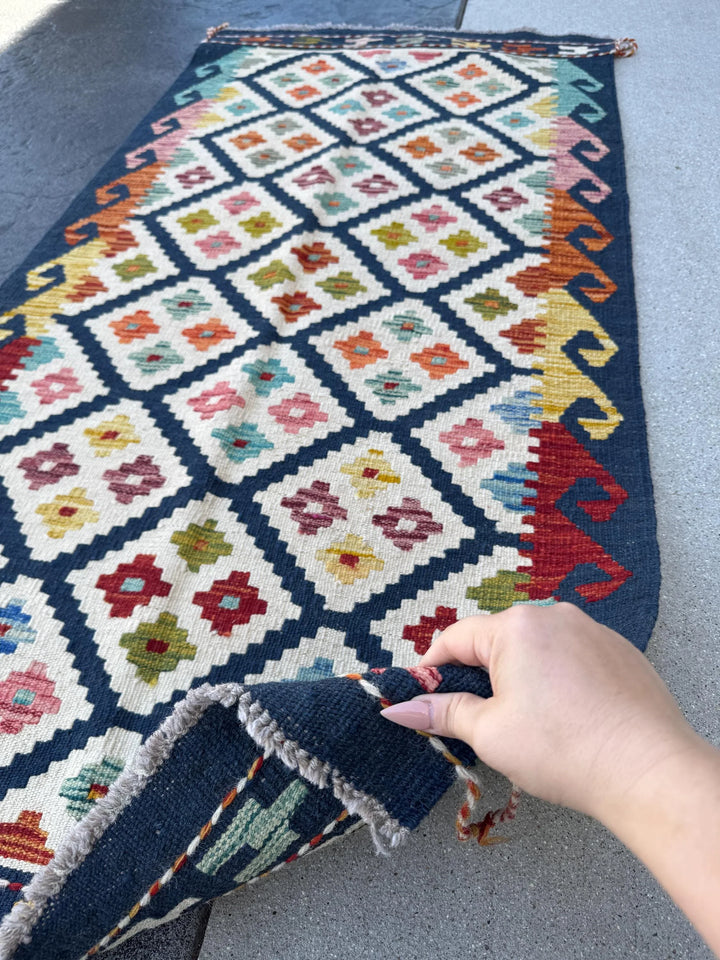 2-3x5 Handmade Afghan Kilim Rug | Navy Midnight Baby Sky Denim Blue Orange Cream White Blood Red Pink Moss Pine Green Maroon Aqua | Wool
