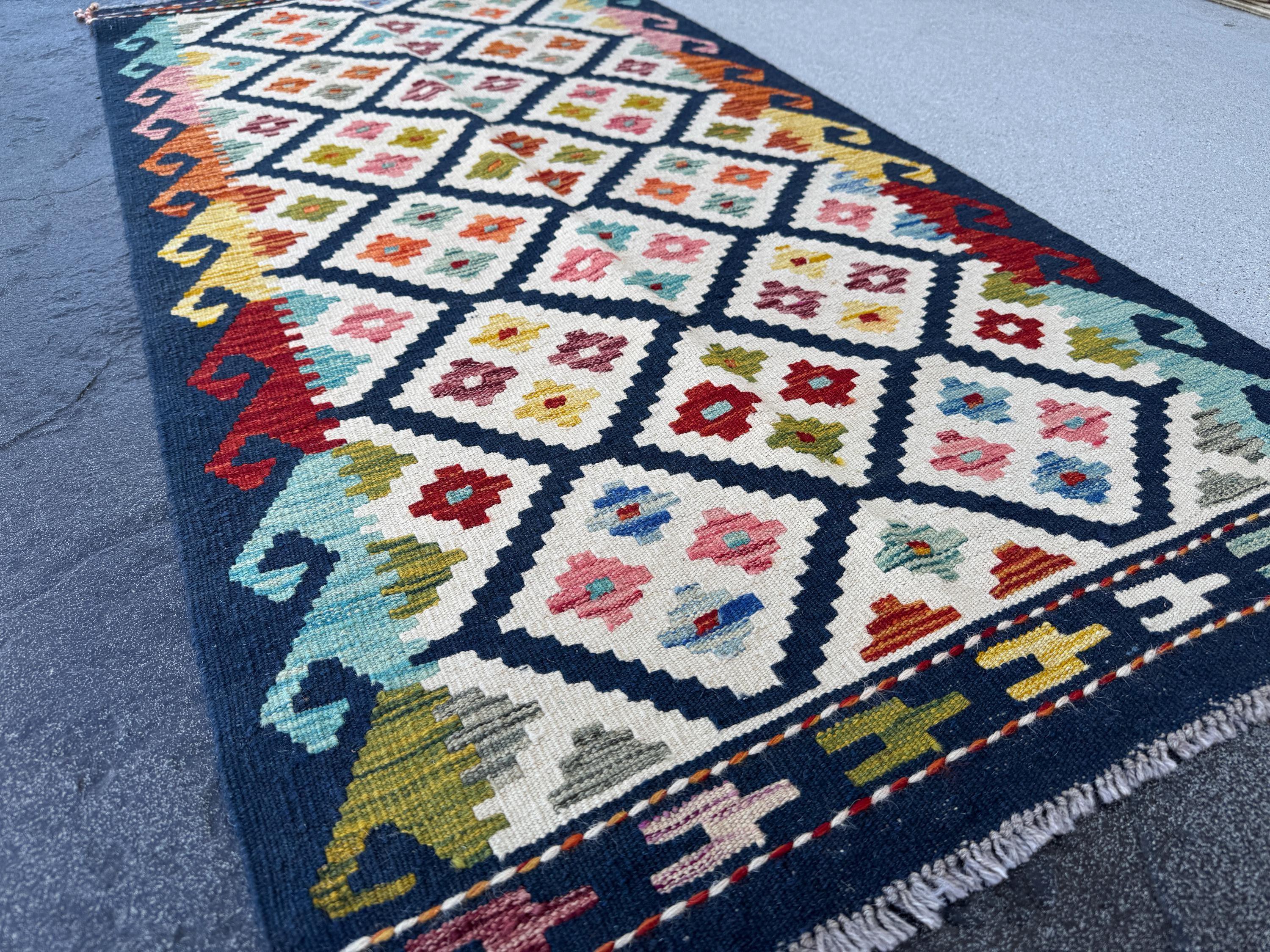 2-3x5 Handmade Afghan Kilim Rug | Navy Midnight Baby Sky Denim Blue Orange Cream White Blood Red Pink Moss Pine Green Maroon Aqua | Wool