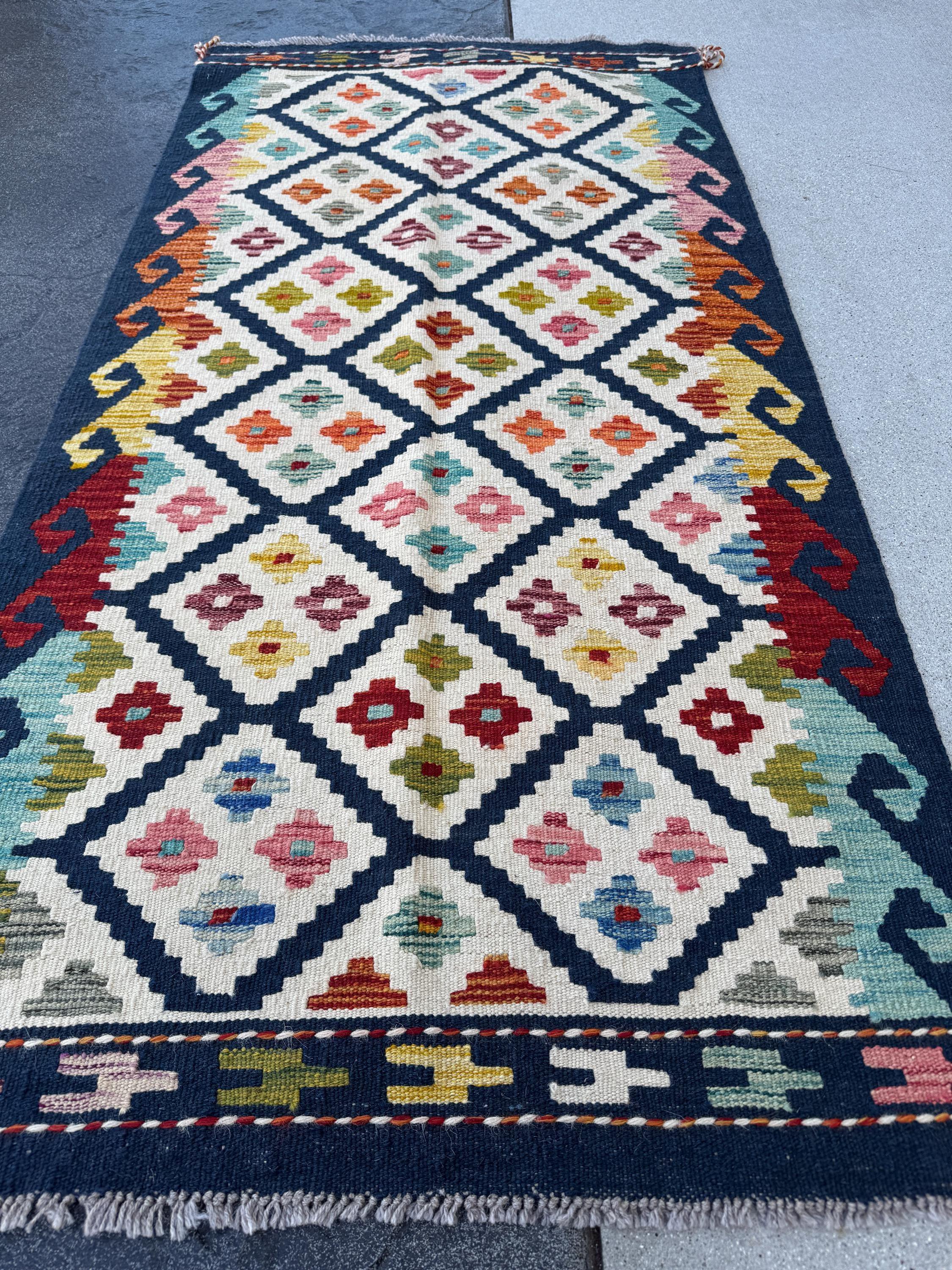 2-3x5 Handmade Afghan Kilim Rug | Navy Midnight Baby Sky Denim Blue Orange Cream White Blood Red Pink Moss Pine Green Maroon Aqua | Wool
