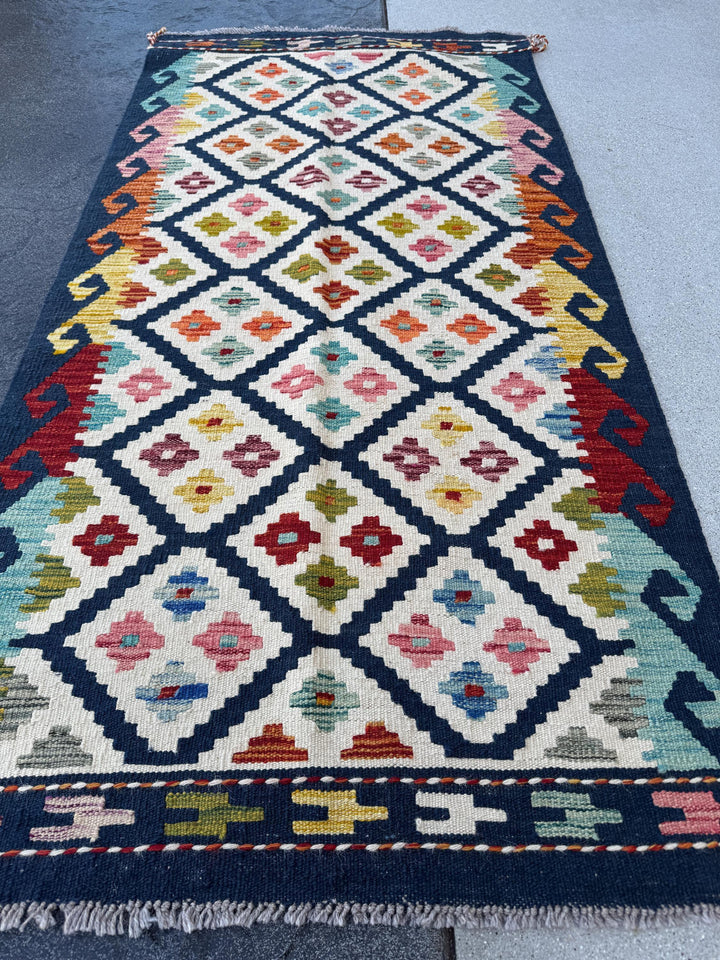 2-3x5 Handmade Afghan Kilim Rug | Navy Midnight Baby Sky Denim Blue Orange Cream White Blood Red Pink Moss Pine Green Maroon Aqua | Wool