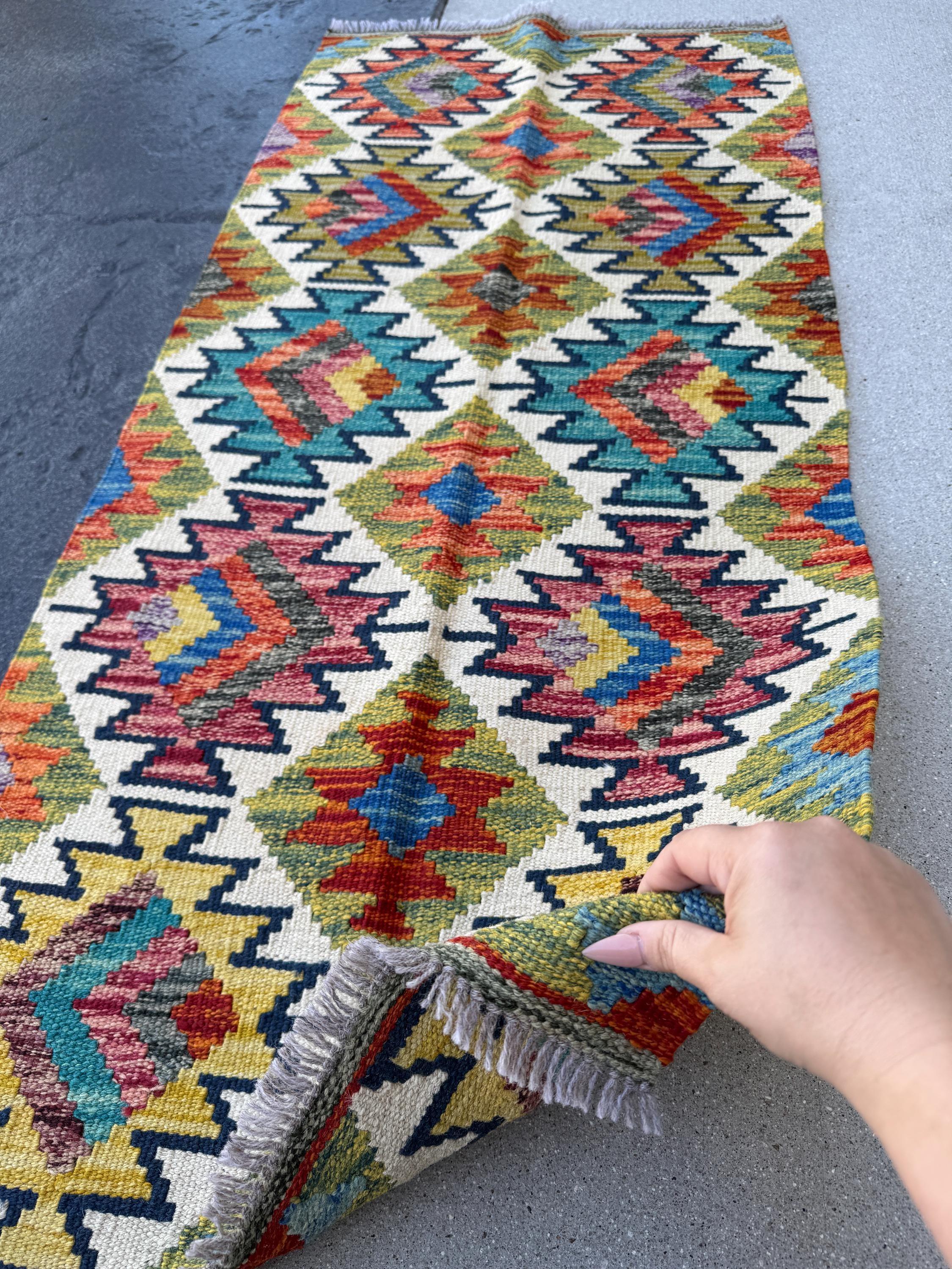 2x5 Handmade Afghan Kilim Runner Rug | Moss Olive Chartreuse Green Yellow Gold Navy Midnight Aqua Teal Denim Blue Orange Maroon Auburn Grey