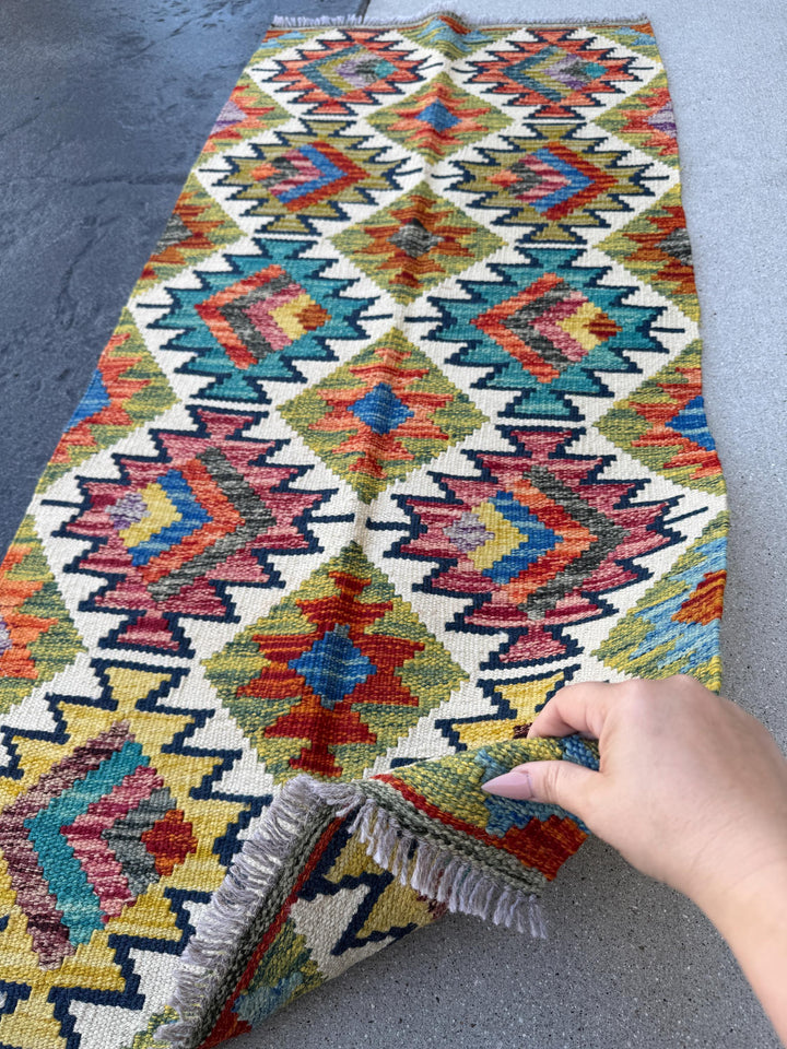 2x5 Handmade Afghan Kilim Runner Rug | Moss Olive Chartreuse Green Yellow Gold Navy Midnight Aqua Teal Denim Blue Orange Maroon Auburn Grey