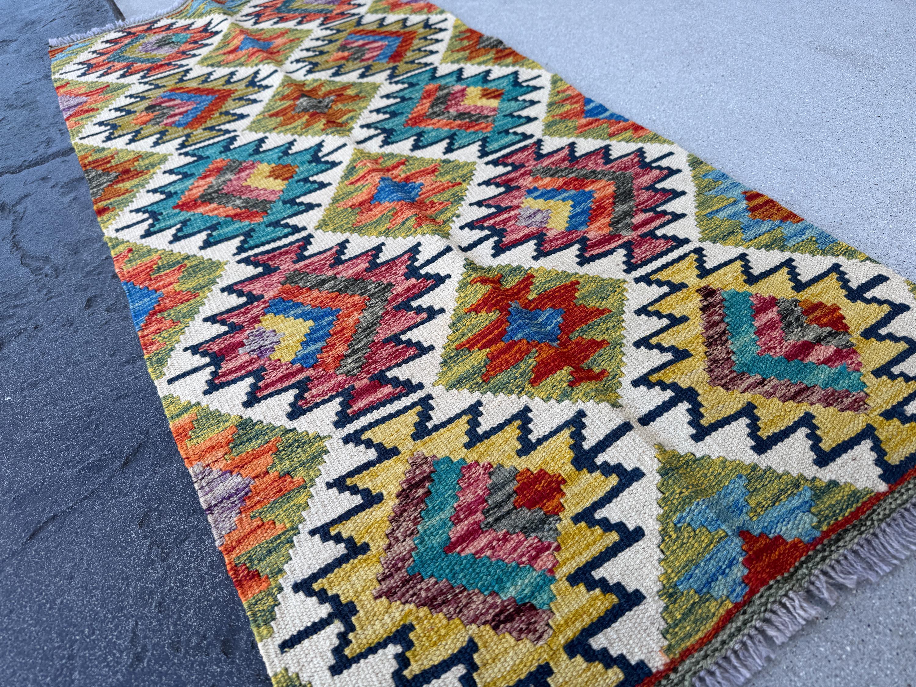 2x5 Handmade Afghan Kilim Runner Rug | Moss Olive Chartreuse Green Yellow Gold Navy Midnight Aqua Teal Denim Blue Orange Maroon Auburn Grey