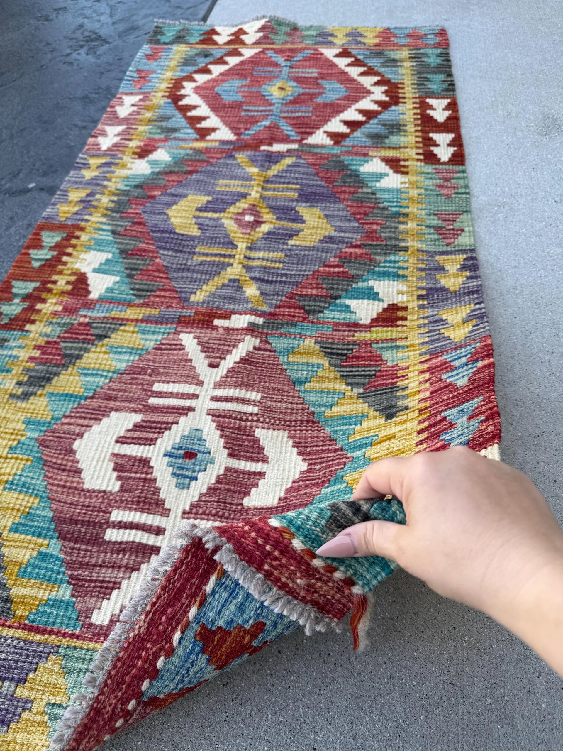 2x5 (71x152) Handmade Afghan Kilim Runner Rug | Auburn Blood Crimson Red Cream Teal Aqua Denim Blue Grey Purple Mustard Gold Yellow | Wool