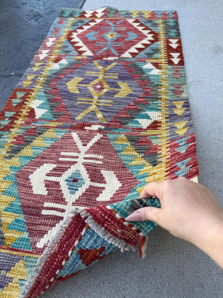 2x5 (71x152) Handmade Afghan Kilim Runner Rug | Auburn Blood Crimson Red Cream Teal Aqua Denim Blue Grey Purple Mustard Gold Yellow | Wool
