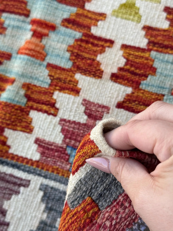 2x5 (71x152) Handmade Afghan Kilim Runner Rug | Cream Burnt Orange Olive Forest Green Baby Denim Powder Blue Grey Wine Red | Wool Flatweave