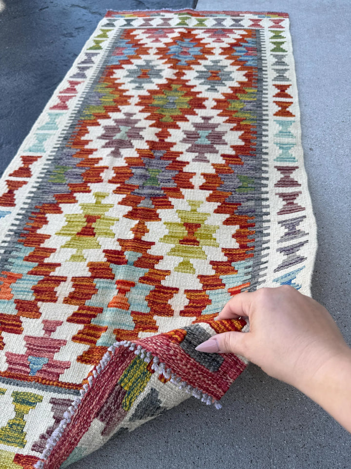 2x5 (71x152) Handmade Afghan Kilim Runner Rug | Cream Burnt Orange Olive Forest Green Baby Denim Powder Blue Grey Wine Red | Wool Flatweave