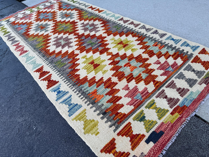 2x5 (71x152) Handmade Afghan Kilim Runner Rug | Cream Burnt Orange Olive Forest Green Baby Denim Powder Blue Grey Wine Red | Wool Flatweave