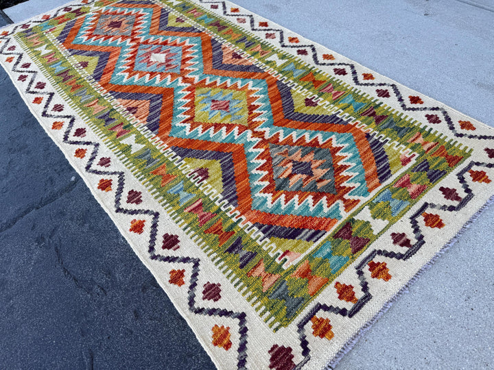 3x5 (91x152) Handmade Afghan Kilim Runner Rug | Moss Olive Chartreuse Green Grey Black Cream Orange Teal Aqua Blue | Wool Flatweave