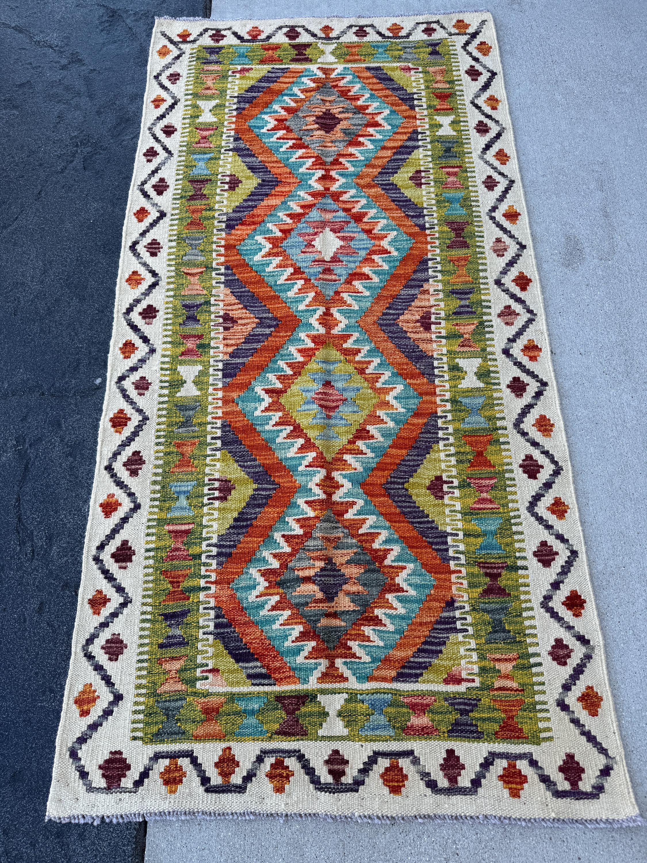 3x5 (91x152) Handmade Afghan Kilim Runner Rug | Moss Olive Chartreuse Green Grey Black Cream Orange Teal Aqua Blue | Wool Flatweave