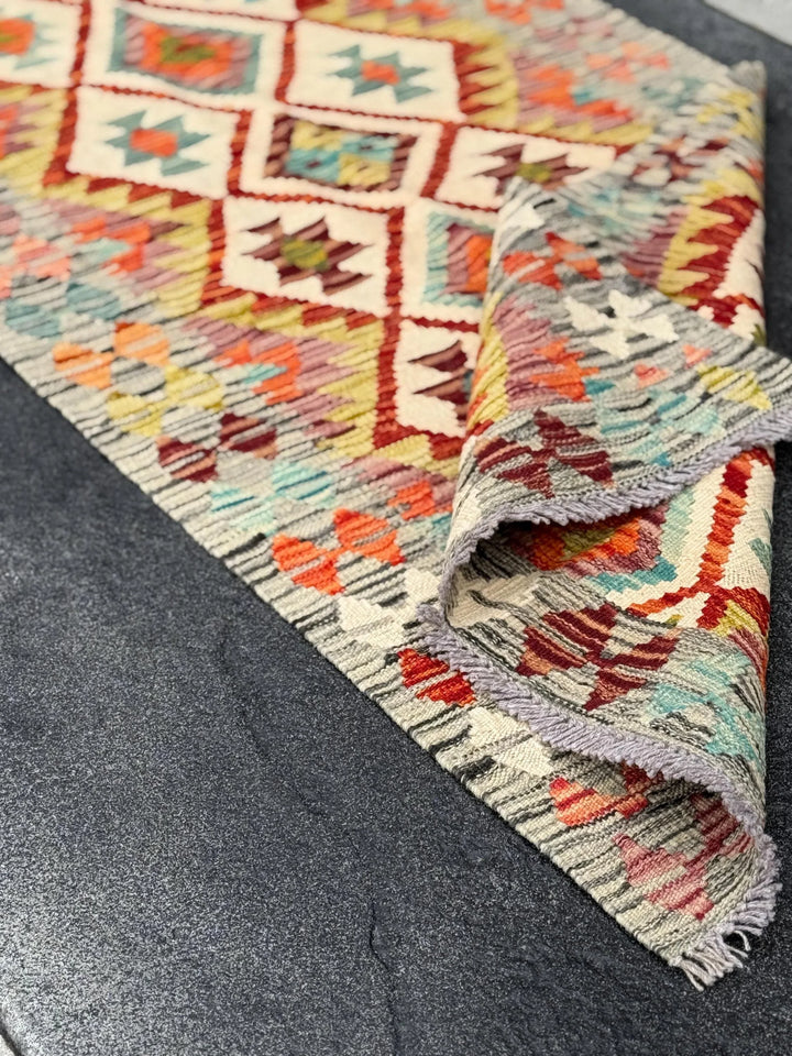 3x7 (91x213) Handmade Afghan Kilim Runner Rug | Grey Burnt Orange Cream Teal Baby Aqua Blue Crimson Burgundy Red Olive Forest Green | Wool