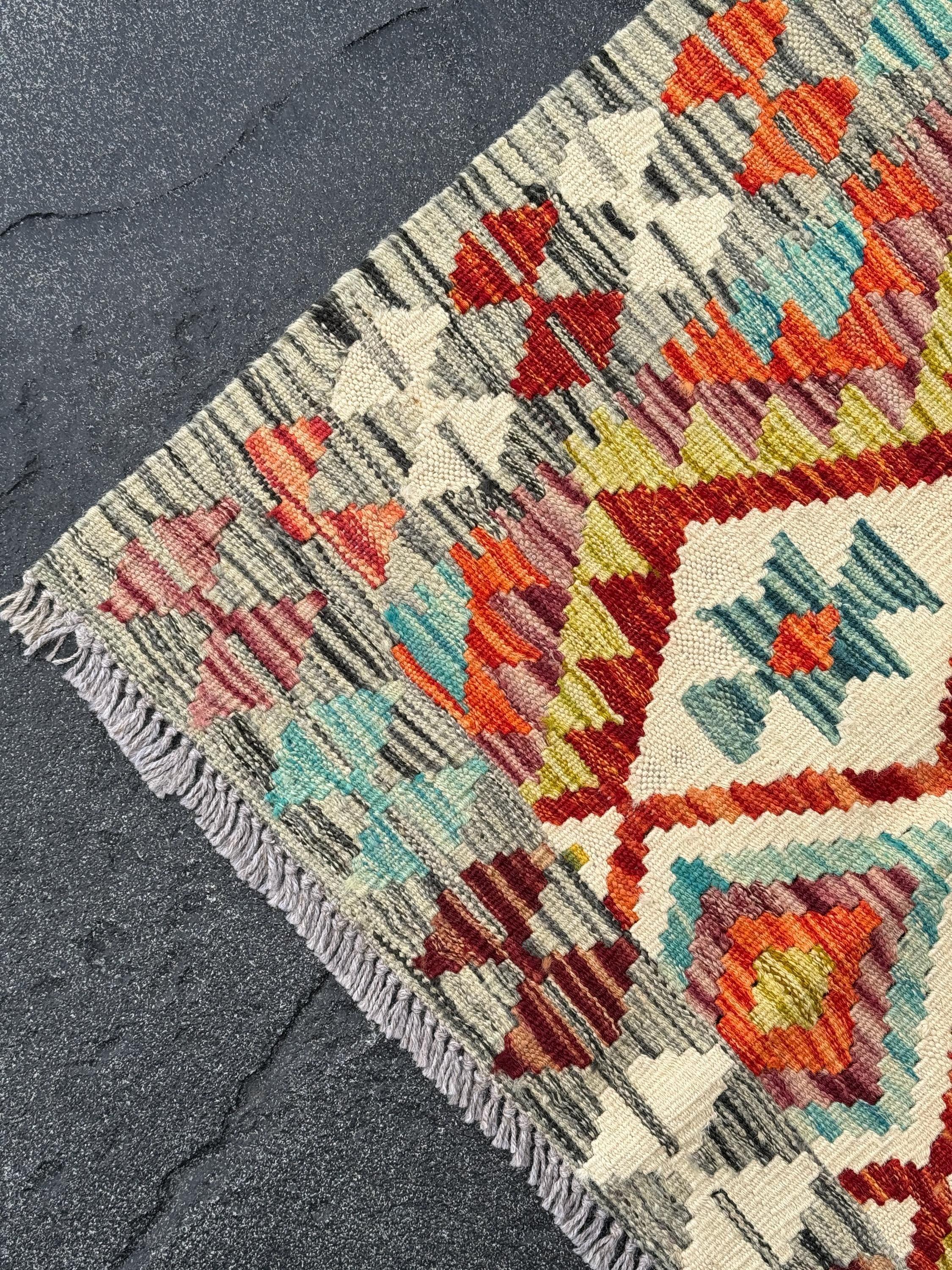 3x7 (91x213) Handmade Afghan Kilim Runner Rug | Grey Burnt Orange Cream Teal Baby Aqua Blue Crimson Burgundy Red Olive Forest Green | Wool