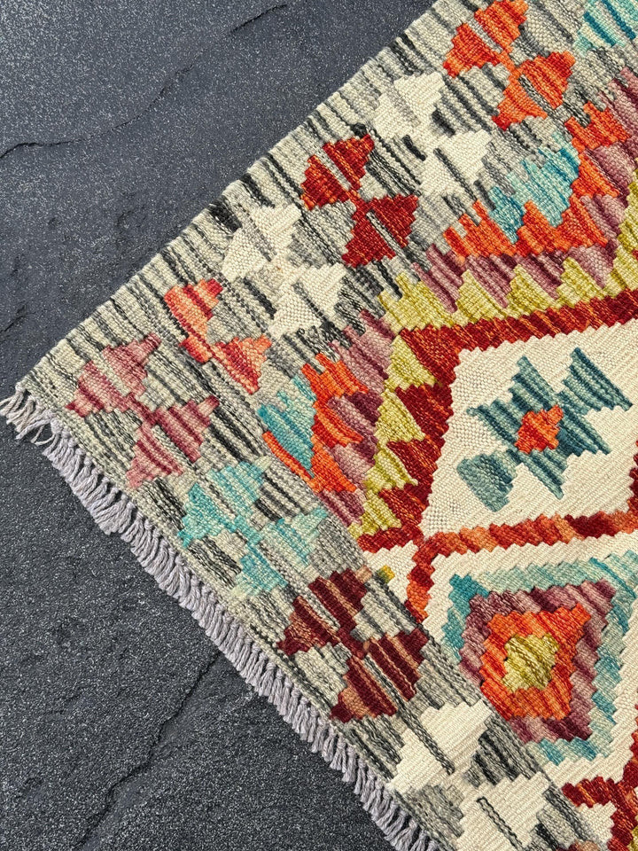 3x7 (91x213) Handmade Afghan Kilim Runner Rug | Grey Burnt Orange Cream Teal Baby Aqua Blue Crimson Burgundy Red Olive Forest Green | Wool