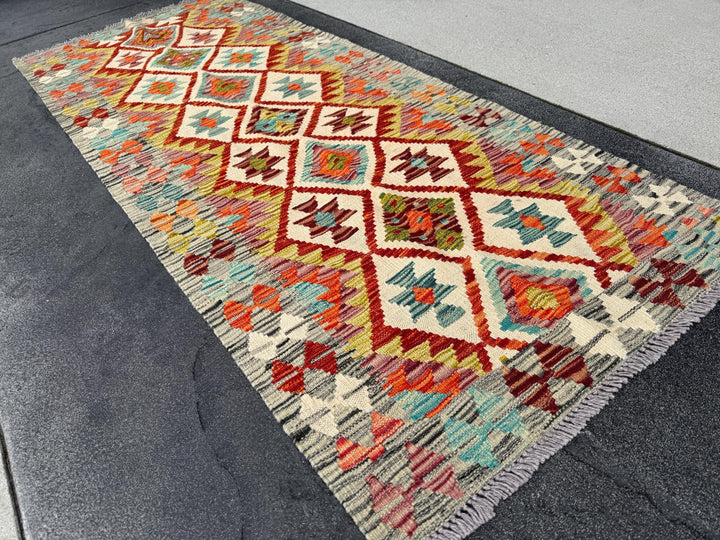 3x7 (91x213) Handmade Afghan Kilim Runner Rug | Grey Burnt Orange Cream Teal Baby Aqua Blue Crimson Burgundy Red Olive Forest Green | Wool