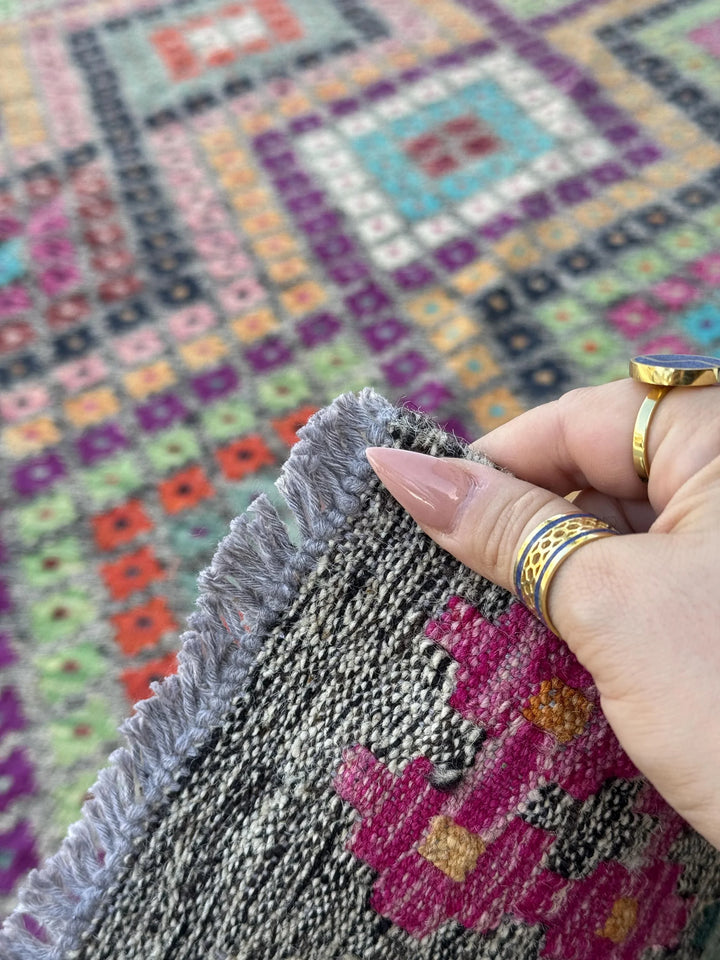 7x10 (213x304) Handmade Afghan Kilim Rug | Grey Black Orange Peach Saffron Mint Green Blush Fuchsia Pink Maroon Purple Cream White | Wool