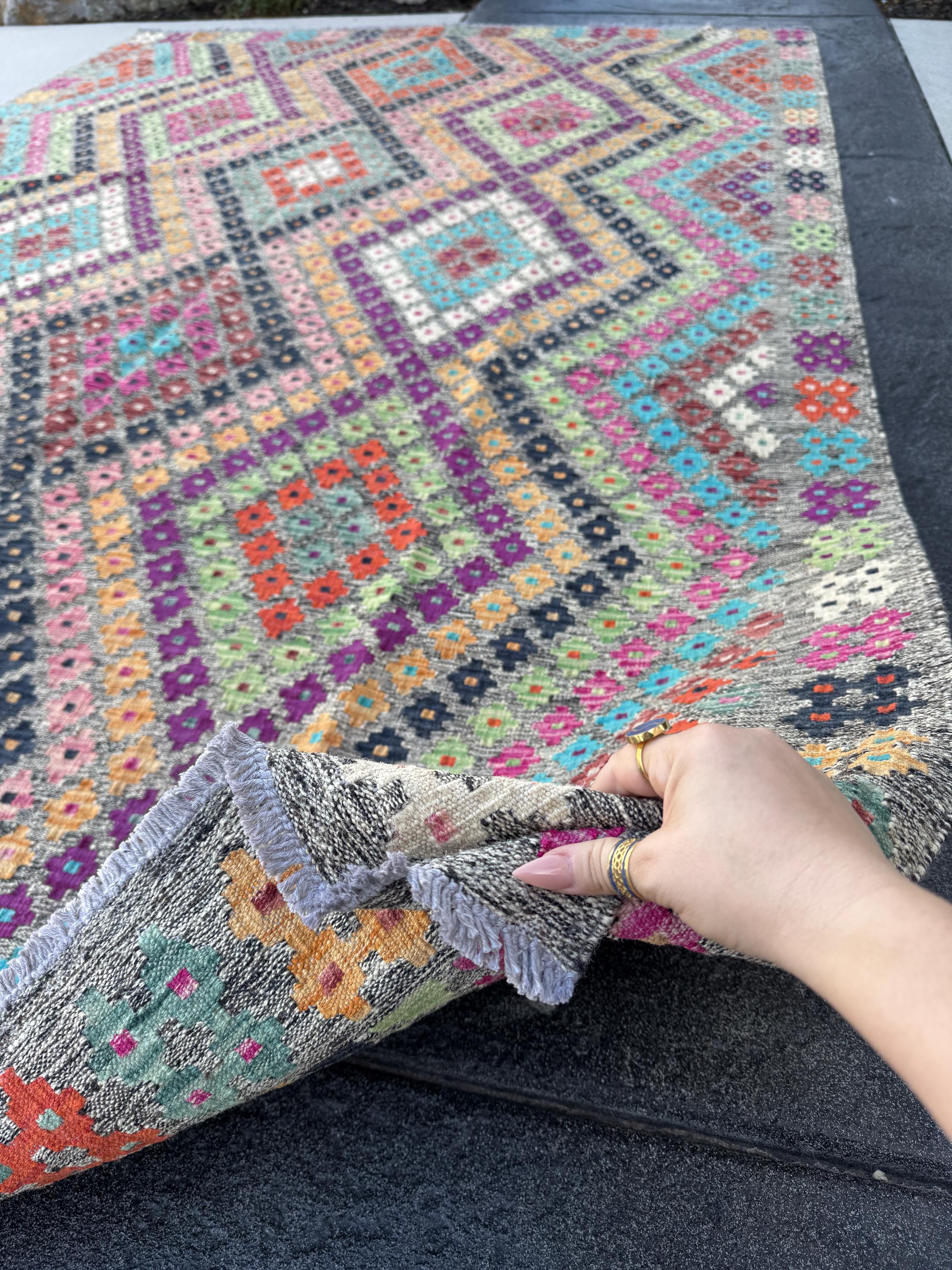 7x10 (213x304) Handmade Afghan Kilim Rug | Grey Black Orange Peach Saffron Mint Green Blush Fuchsia Pink Maroon Purple Cream White | Wool