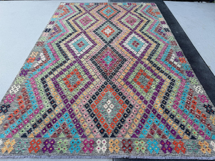 7x10 (213x304) Handmade Afghan Kilim Rug | Grey Black Orange Peach Saffron Mint Green Blush Fuchsia Pink Maroon Purple Cream White | Wool
