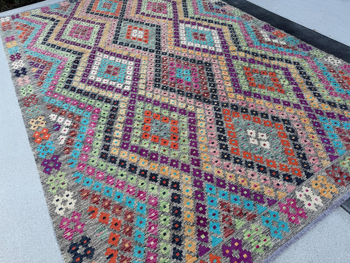 7x10 (213x304) Handmade Afghan Kilim Rug | Grey Black Orange Peach Saffron Mint Green Blush Fuchsia Pink Maroon Purple Cream White | Wool