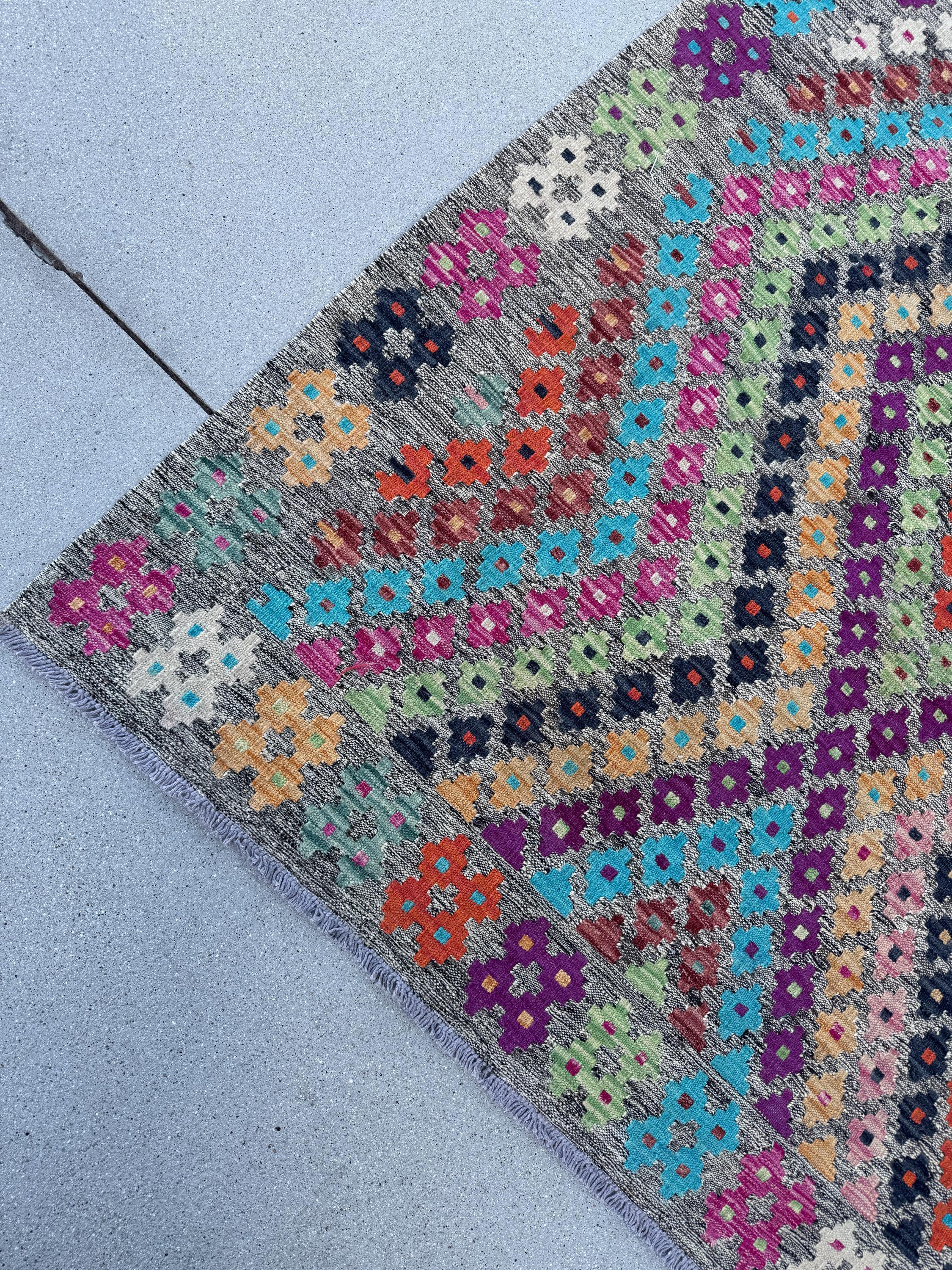 7x10 (213x304) Handmade Afghan Kilim Rug | Grey Black Orange Peach Saffron Mint Green Blush Fuchsia Pink Maroon Purple Cream White | Wool