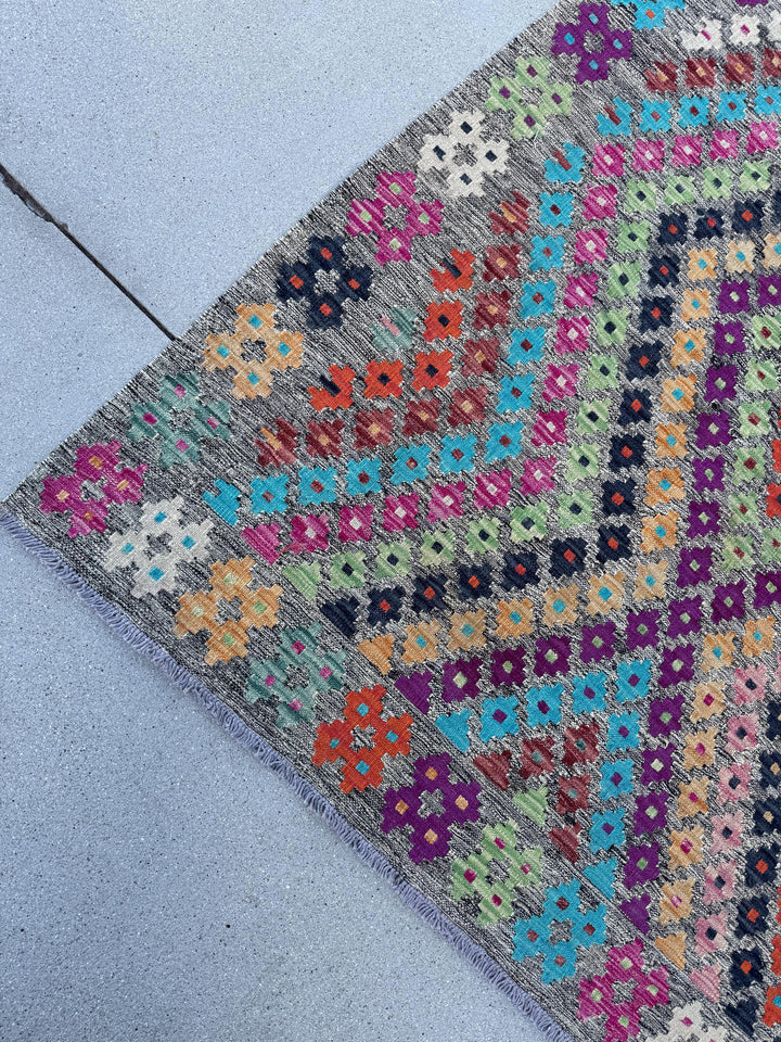 7x10 (213x304) Handmade Afghan Kilim Rug | Grey Black Orange Peach Saffron Mint Green Blush Fuchsia Pink Maroon Purple Cream White | Wool