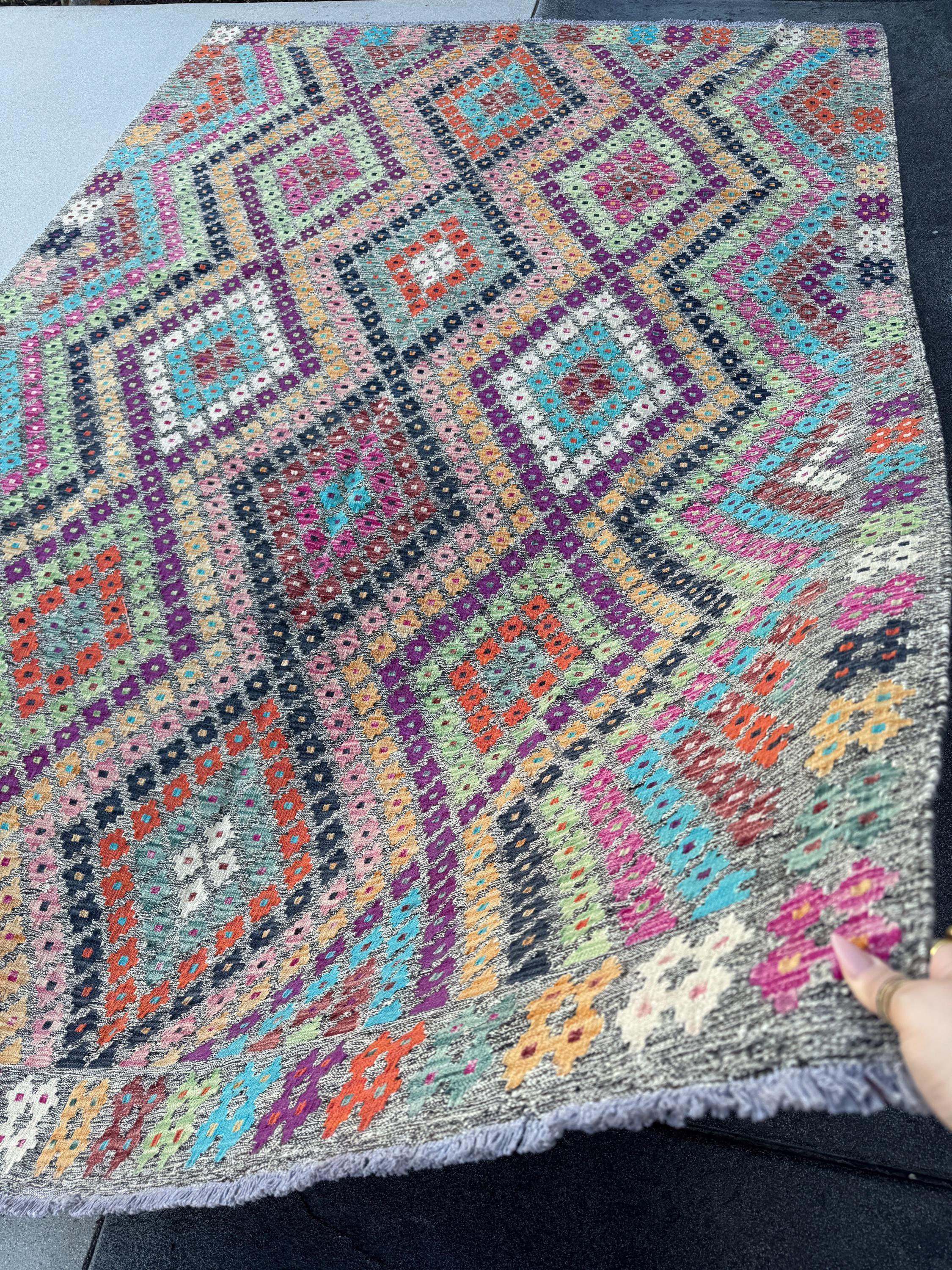 7x10 (213x304) Handmade Afghan Kilim Rug | Grey Black Orange Peach Saffron Mint Green Blush Fuchsia Pink Maroon Purple Cream White | Wool