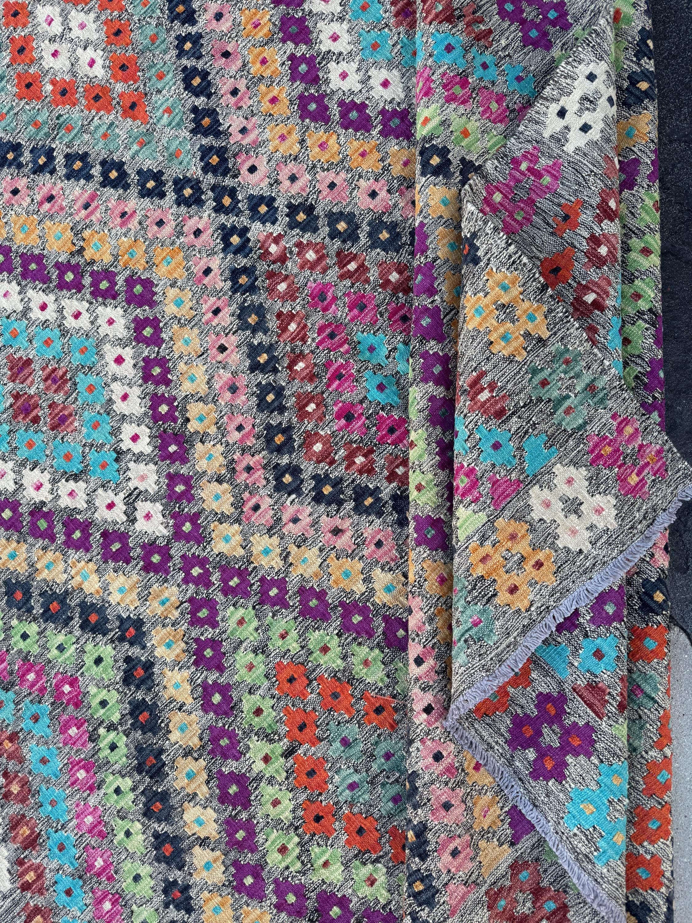 7x10 (213x304) Handmade Afghan Kilim Rug | Grey Black Orange Peach Saffron Mint Green Blush Fuchsia Pink Maroon Purple Cream White | Wool