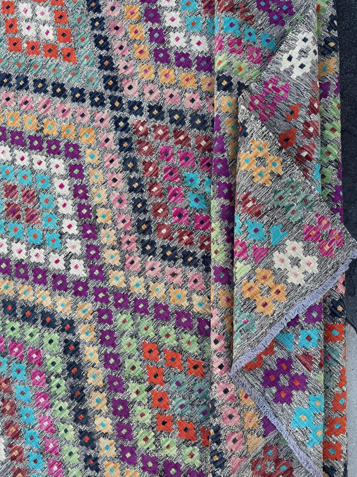 7x10 (213x304) Handmade Afghan Kilim Rug | Grey Black Orange Peach Saffron Mint Green Blush Fuchsia Pink Maroon Purple Cream White | Wool