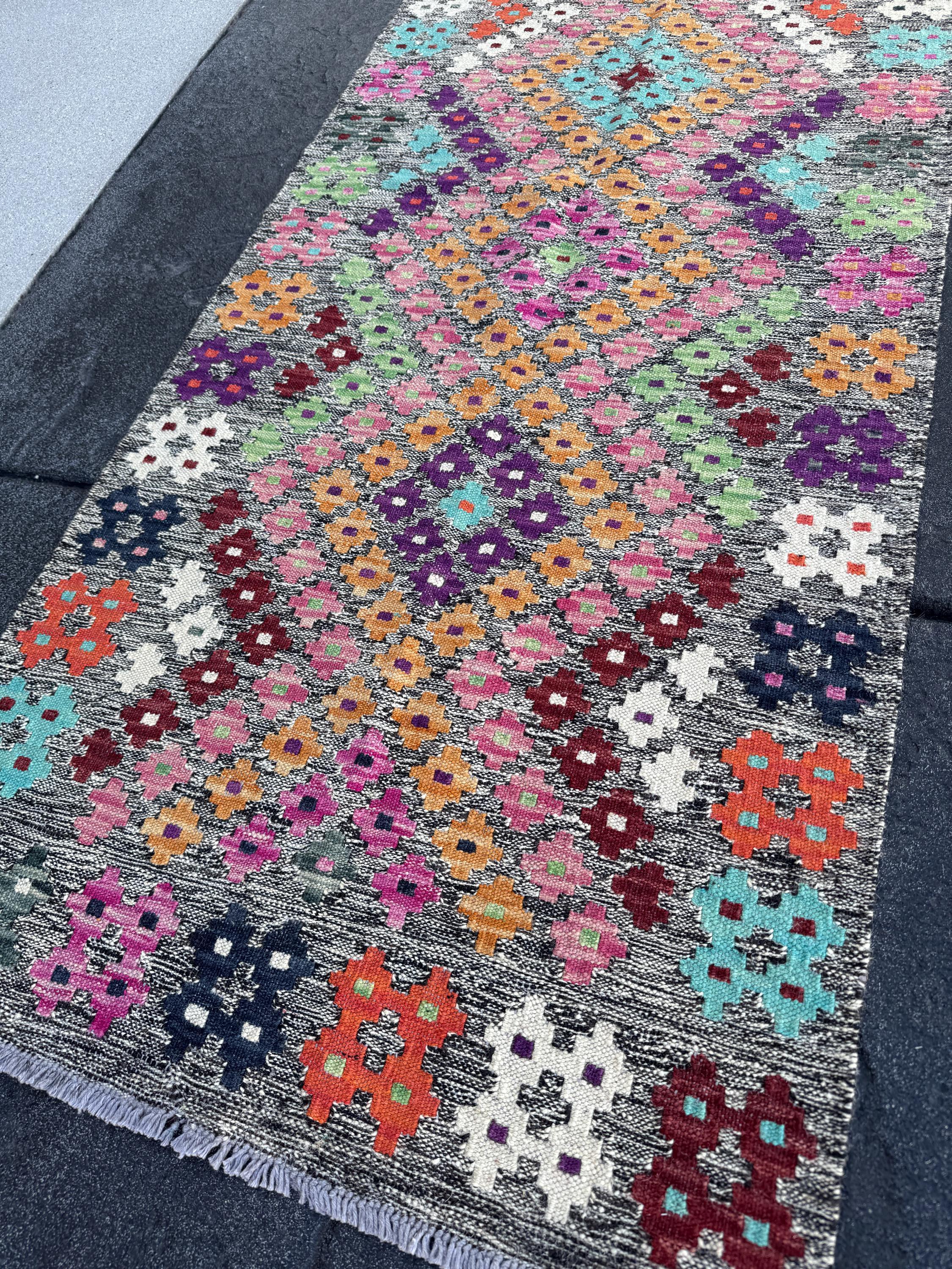 2x6 (60x182) Handmade Afghan Kilim Runner Rug | Grey Blush Fuchsia Pink Aqua Midnight Blue Mint Green White Orange Peach Maroon Burgundy
