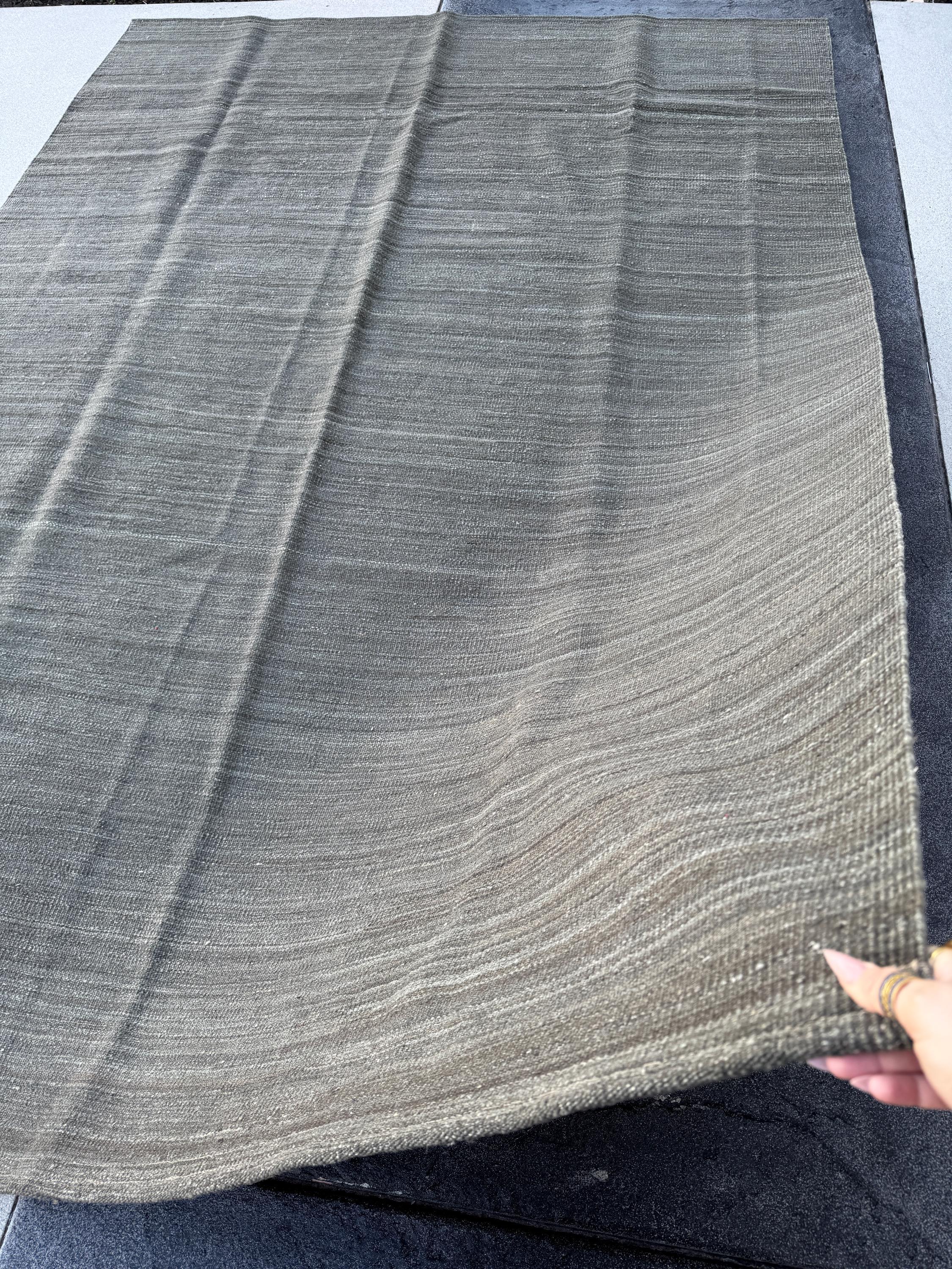 7x10 (213x304) Handmade Afghan Kilim Rug | Grey Gray Slate Stone Cream | Wool Flatweave Solid Minimalist Contemporary Modern Reversible
